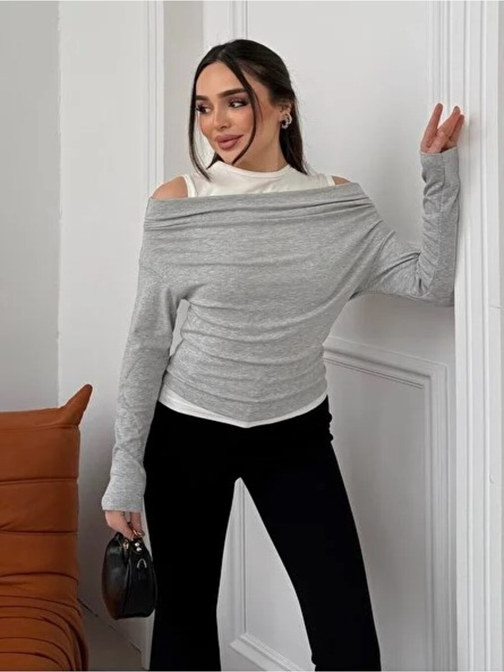 Kadın Omuz Pile Detaylı Kayık Yaka Atlet Detaylı Yeni Sezon Sweatshirt Gri-1
