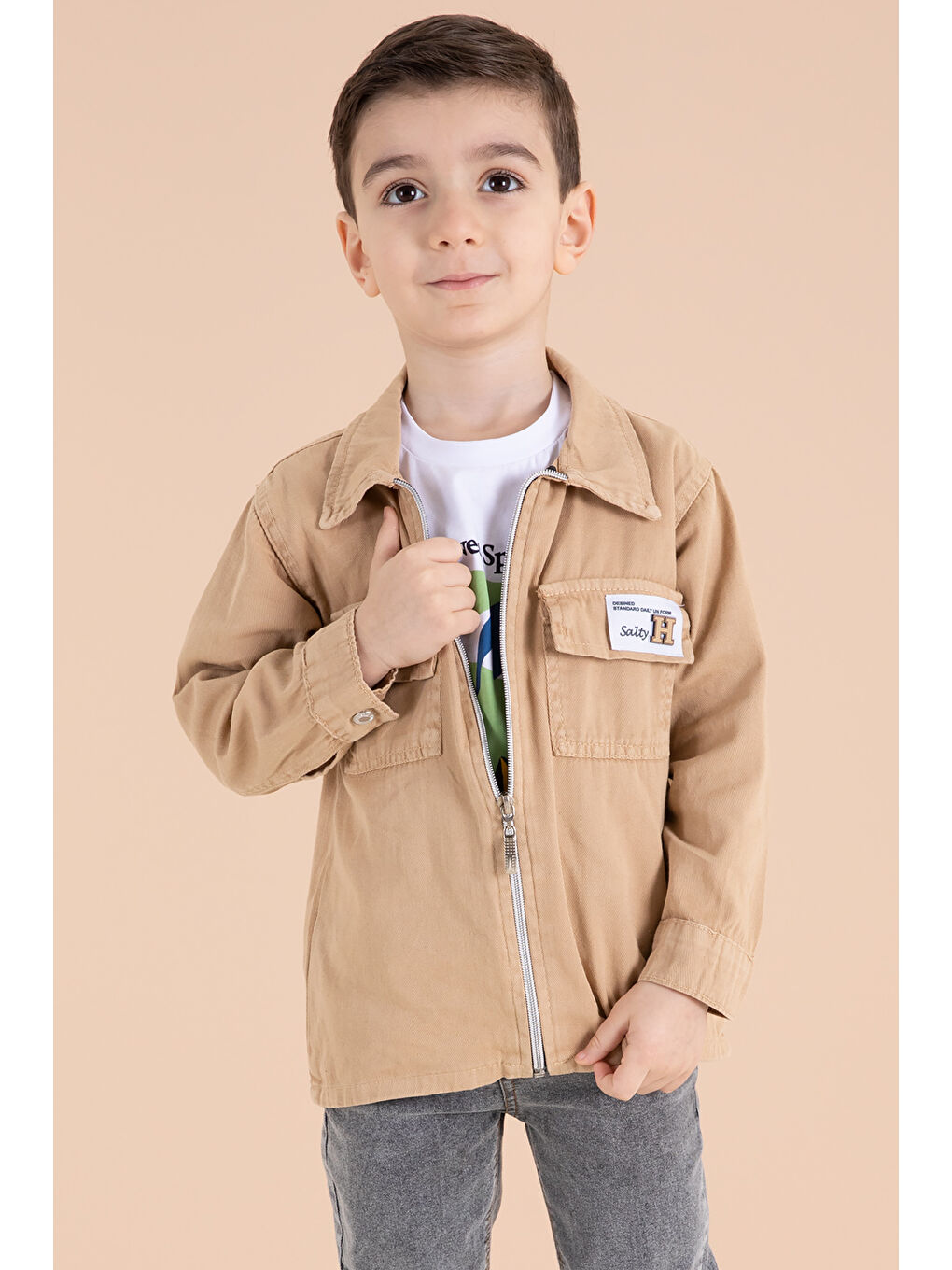 Ekru Krem Fermuarlı Ceketli Tişörtlü Erkek Çocuk 3lü Alt Üst Takım 19963-1