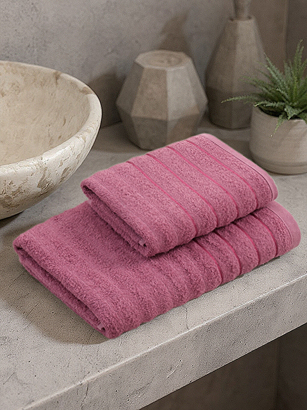 2'li El ve Banyo Havlusu Seti – Dalga Desenli Mürdüm (50x85 cm + 70x140 cm)