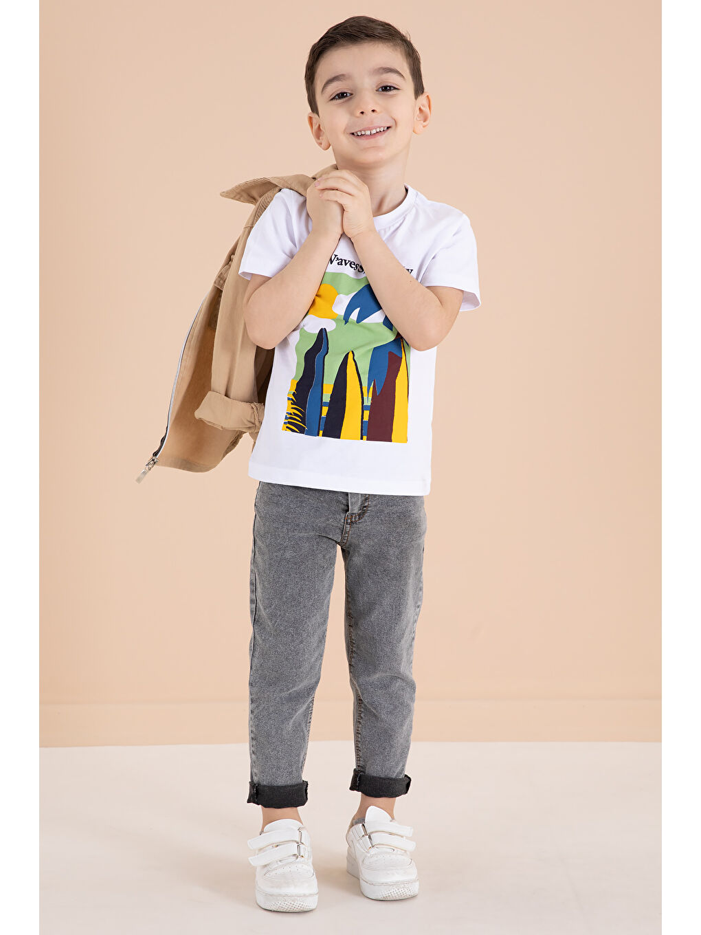 Ekru Krem Fermuarlı Ceketli Tişörtlü Erkek Çocuk 3lü Alt Üst Takım 19963-2