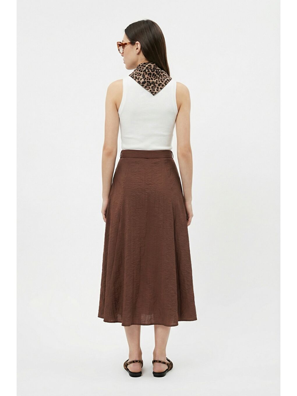 Leopar Fularlı Kombine Midi Elbise Kahverengi-2