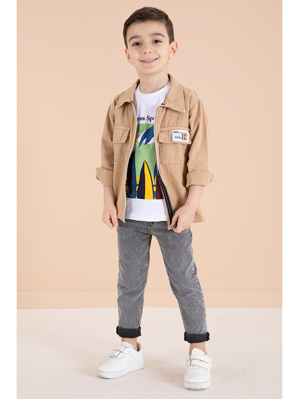 Ekru Krem Fermuarlı Ceketli Tişörtlü Erkek Çocuk 3lü Alt Üst Takım 19963-3