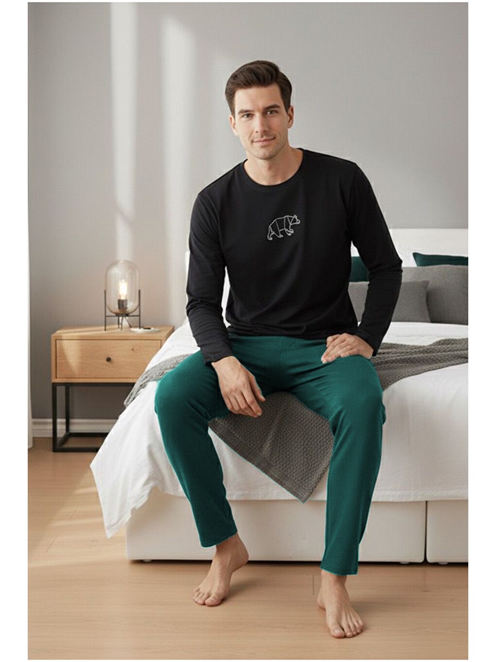 Lacivert Uzun Kollu Büyük Beden Örme Pijama Takım 7918