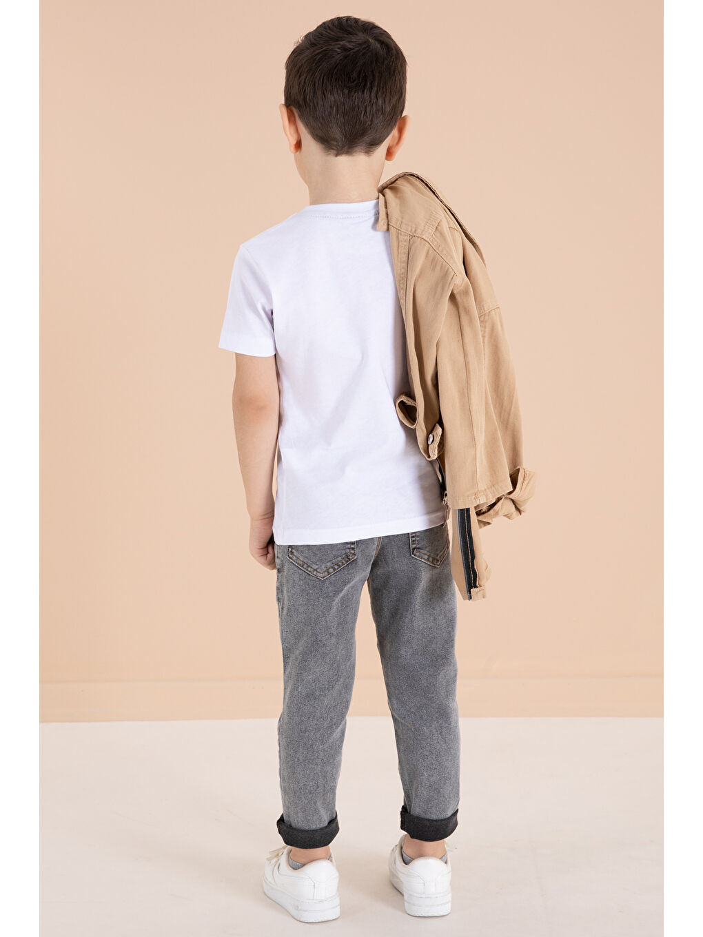 Ekru Krem Fermuarlı Ceketli Tişörtlü Erkek Çocuk 3lü Alt Üst Takım 19963-4