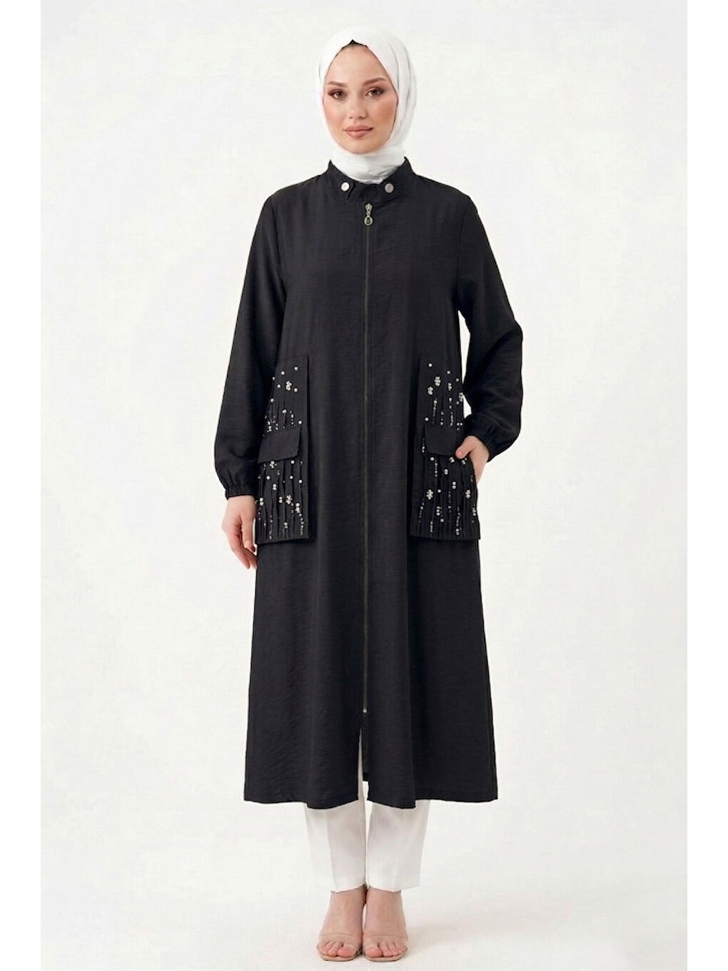 Yakası Çıt Çıt Detaylı ve Kraşlı Sfari Kap Ceket 817 Siyah-3