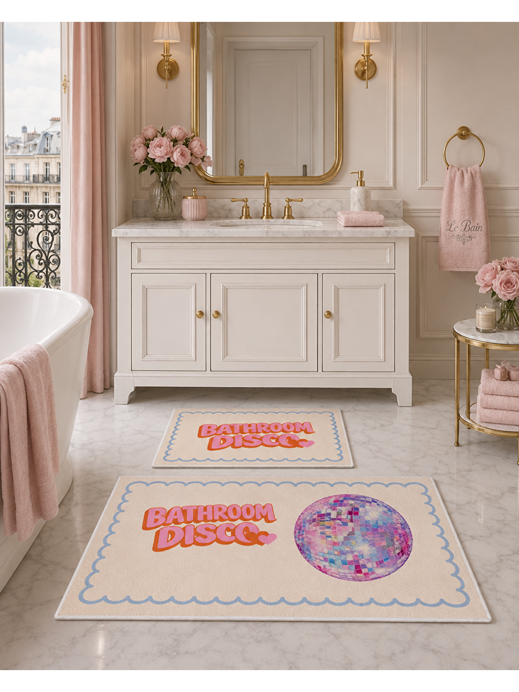 Pembe Pastel Retro Yazılı ve Disko Topu Desenli Banyo Paspası Dot Taban Üstü Kadife-7