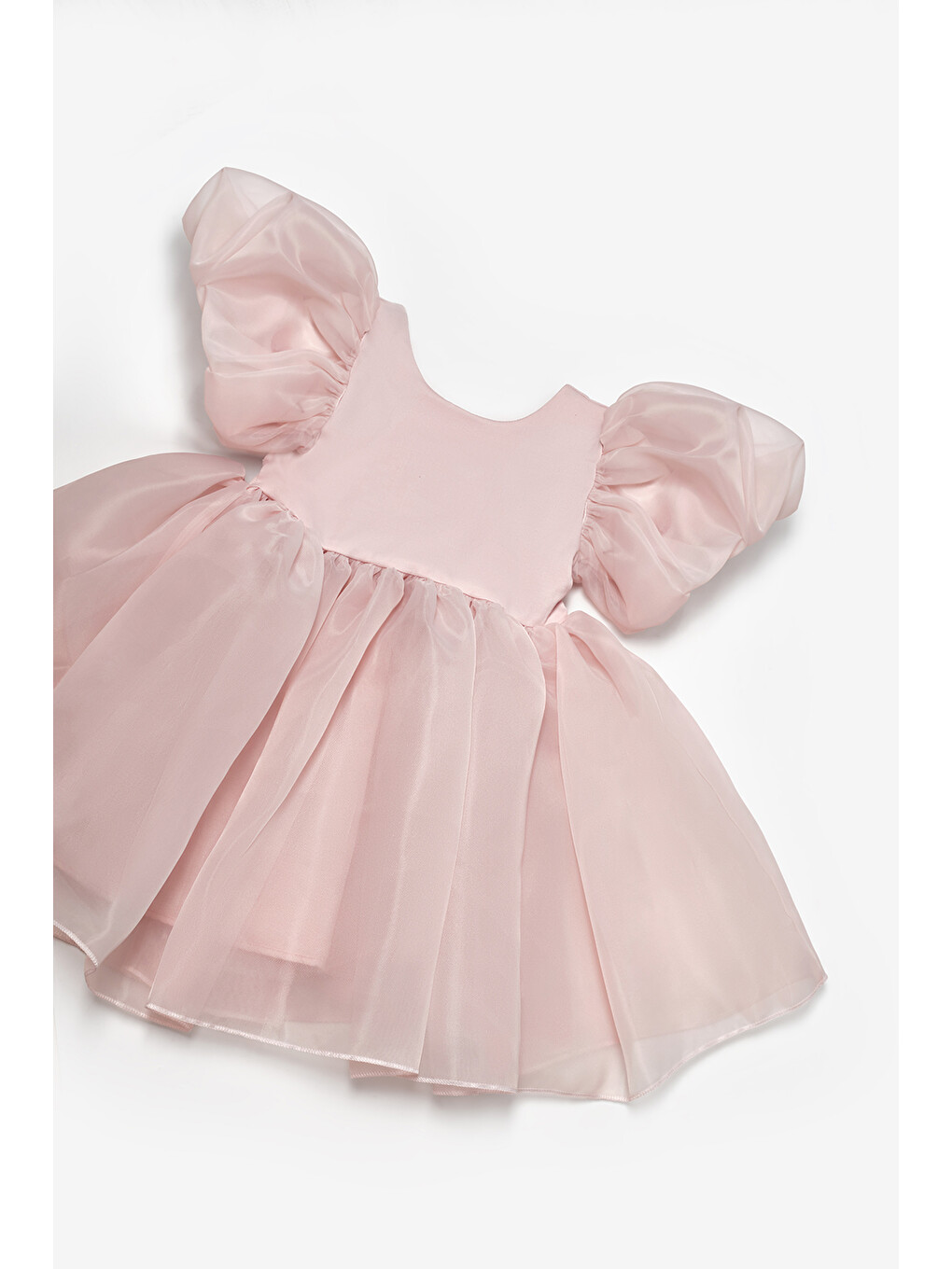 Pembe Pudra Balon Kollu Kız Bebek Saten Elbise - Dona-2