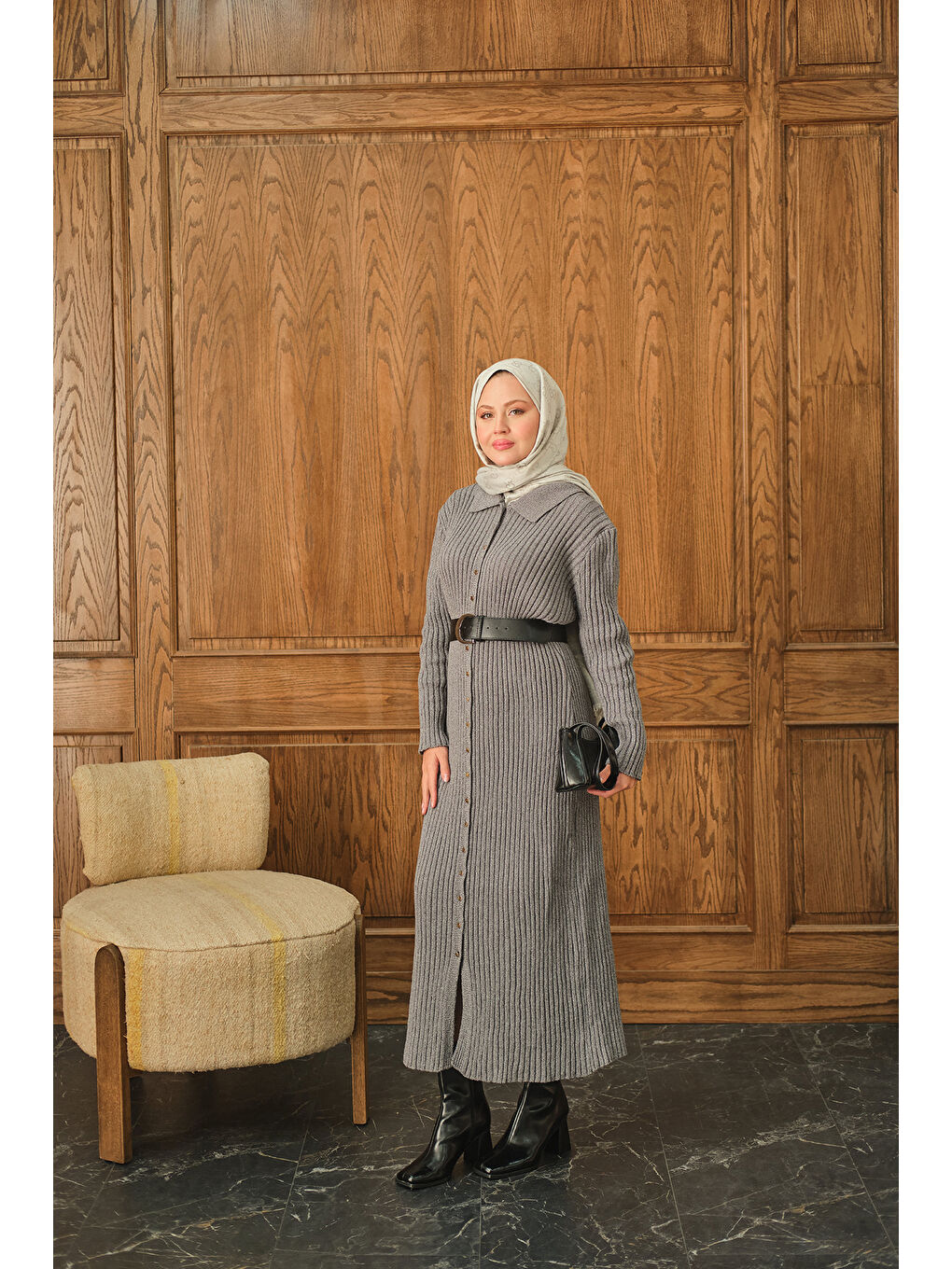 Kadın Düğme Detay Triko Elbise Gri