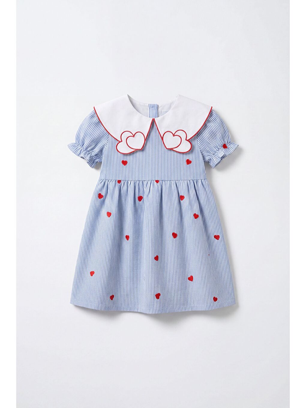 Kız Çocuk Pamuklu Mavi Çizgili Kalp Nakışlı Yakalı Elbise