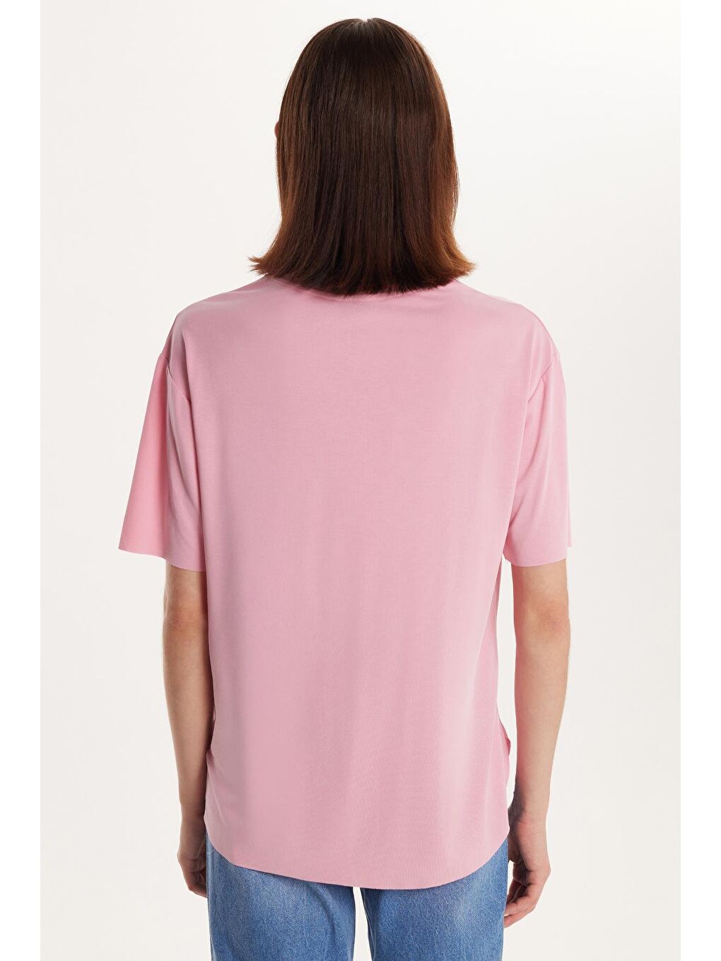 Kadın Modal Kumaş Relax Fit Rahat Kesim Bisiklet Yaka Basic Pembe Tişört-4