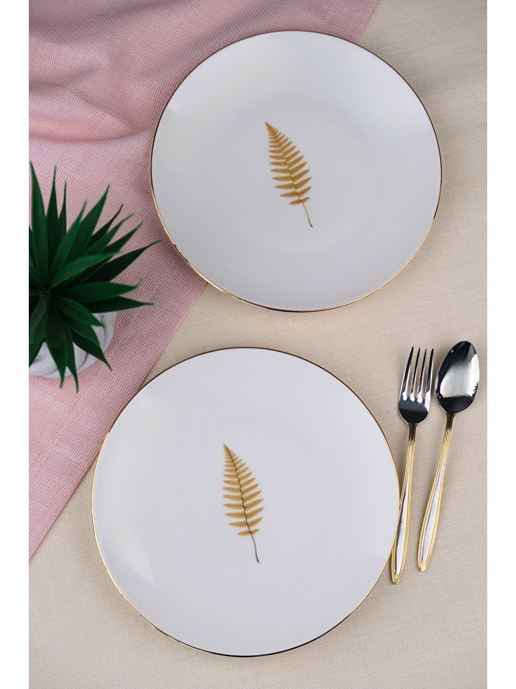 Karışık Porselen Natura Fern Altın Yaldız Pasta Tabağı 20,50cm 2 li-1