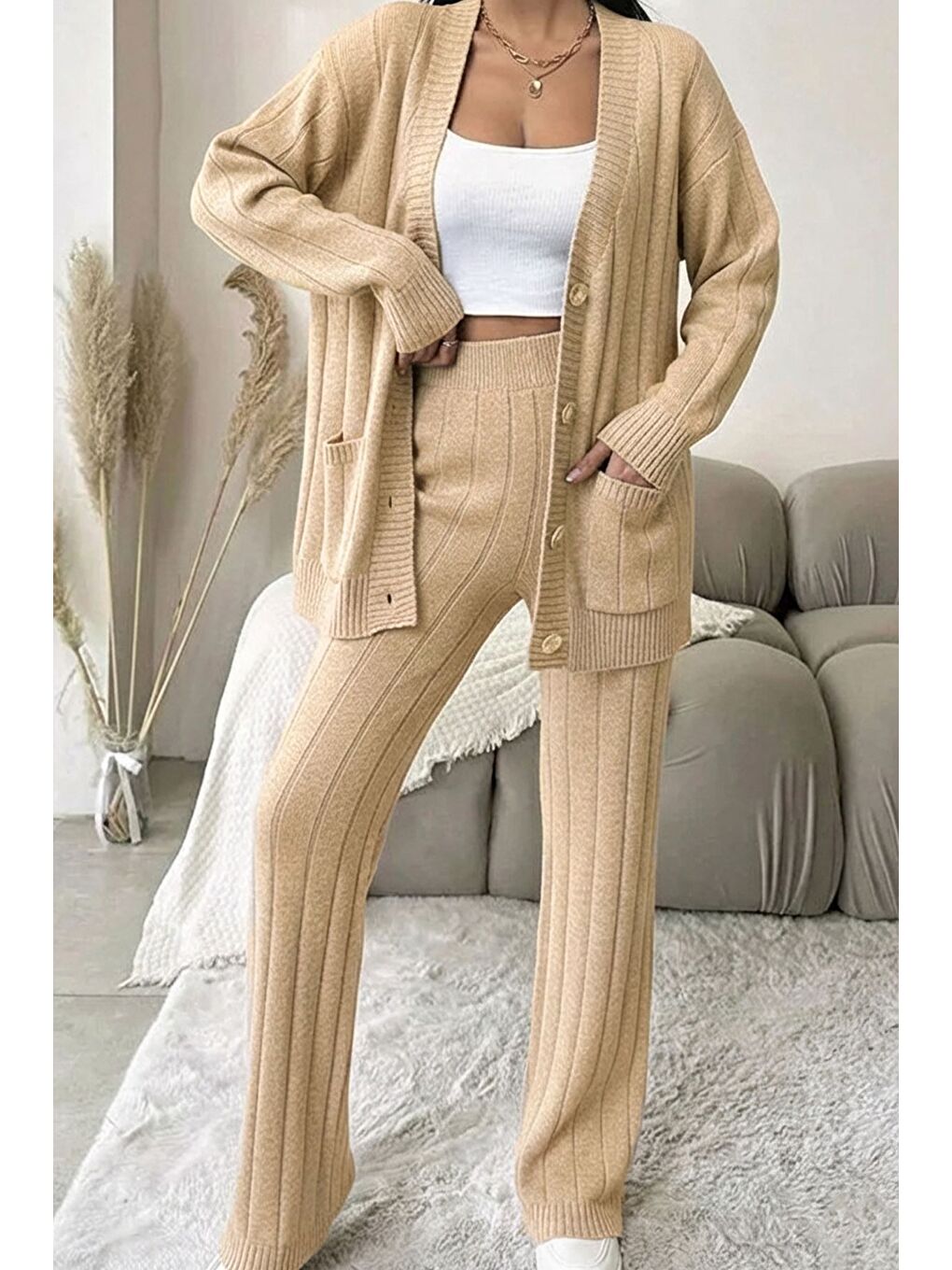 Bej Kadın Ön Düğmeli Kendinden Çizgi Desenli Triko Hırka Pantolon İkili Takım-2