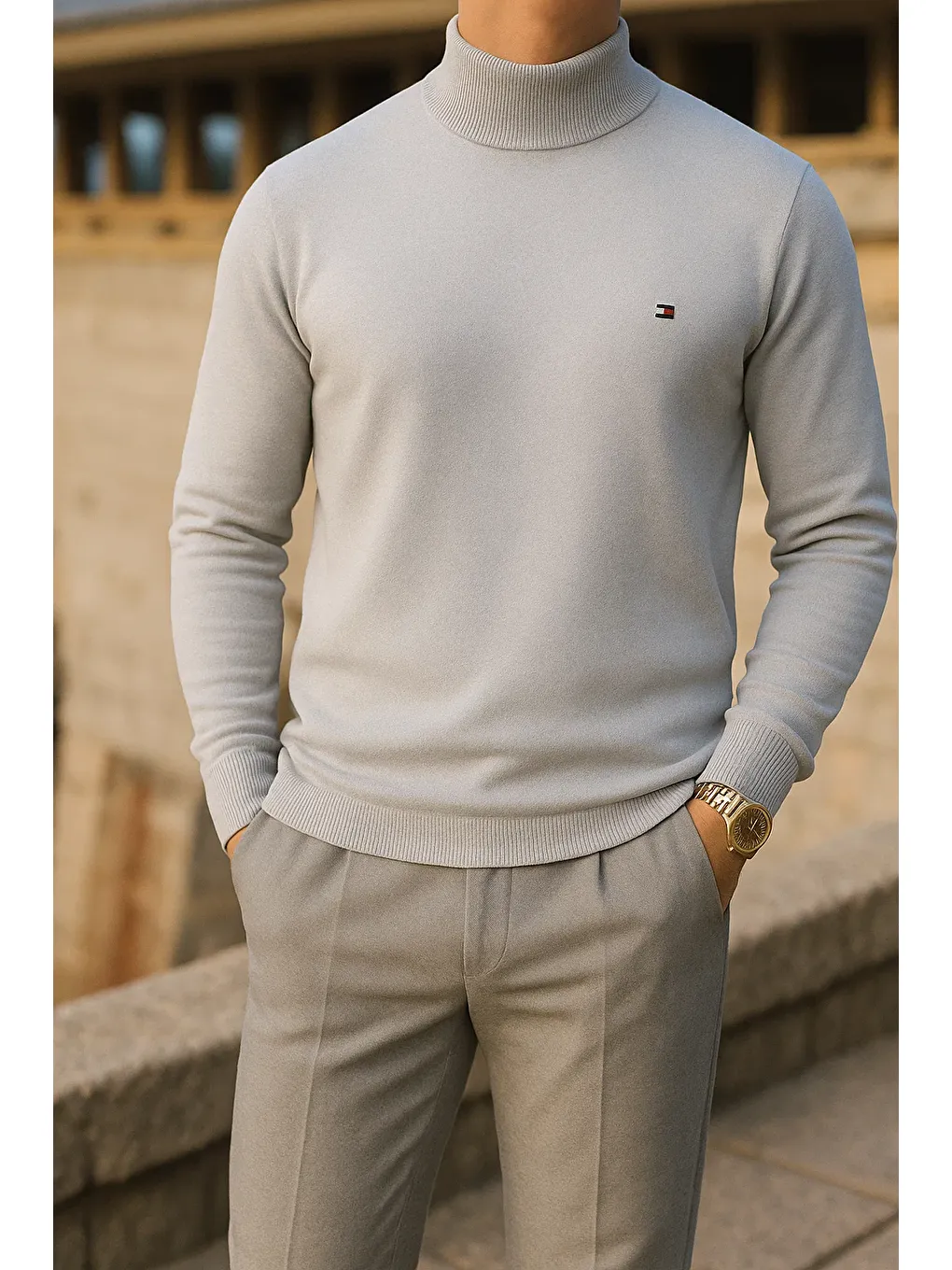 Erkek Trend Kışlık Boğazlı Gri Triko Kazak