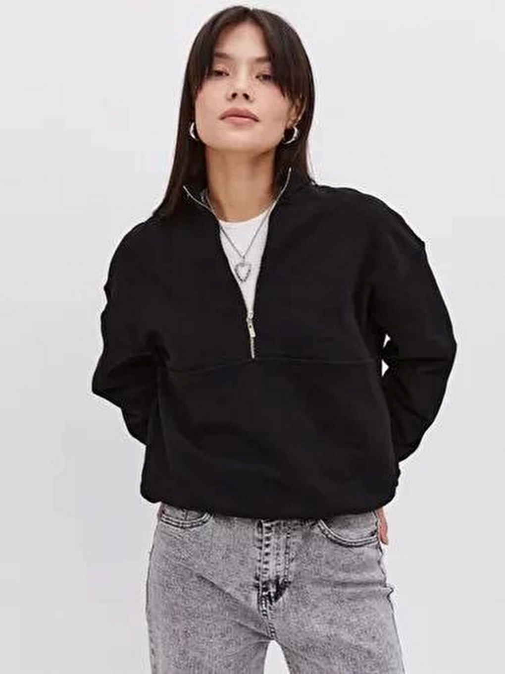 Oversize Yarım Farmuarlı Yakalı Basic Sweatshirt - Siyah-2