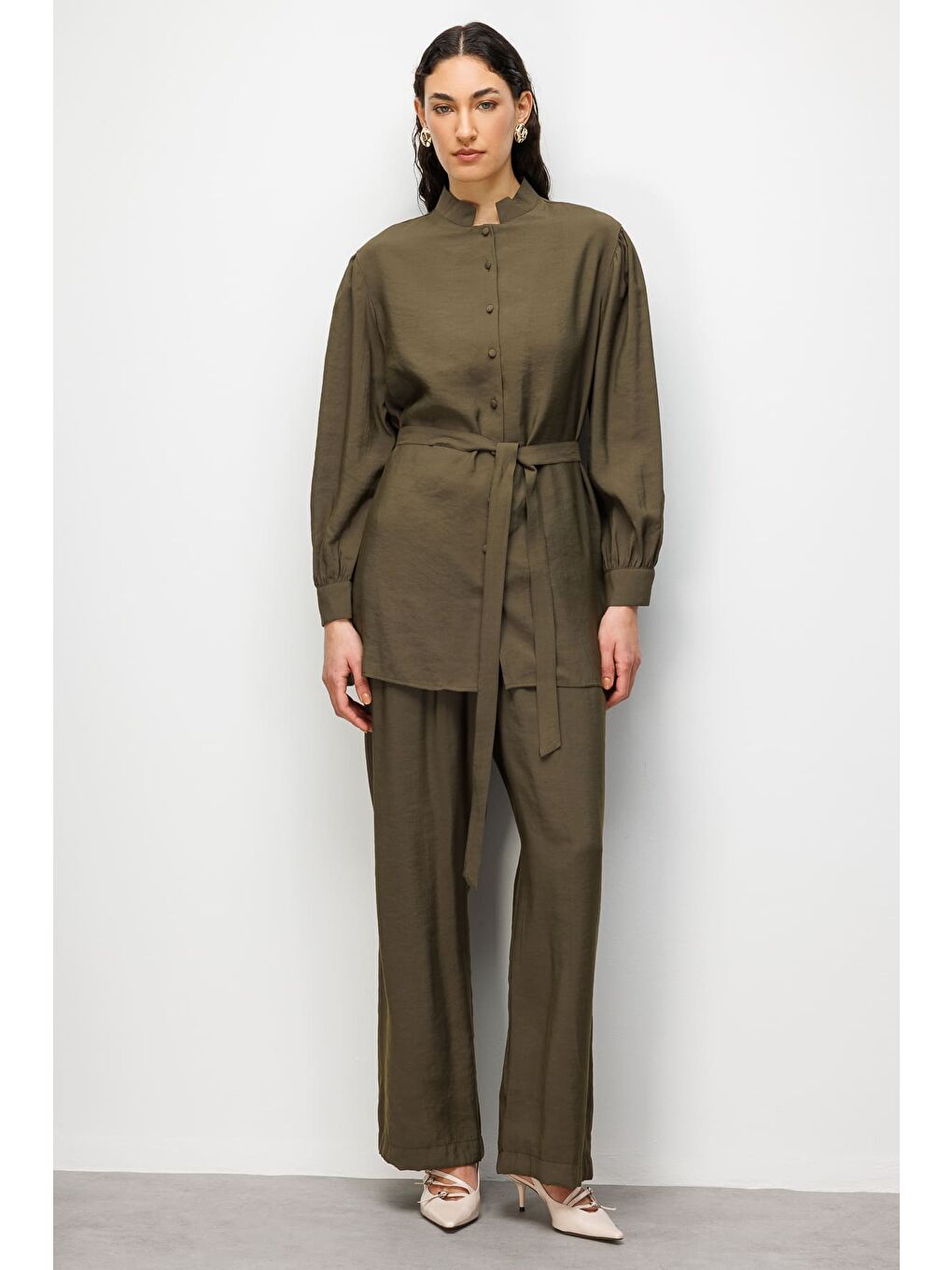 Hakı Hakim Yaka Modal Dokulu Haki Tunik