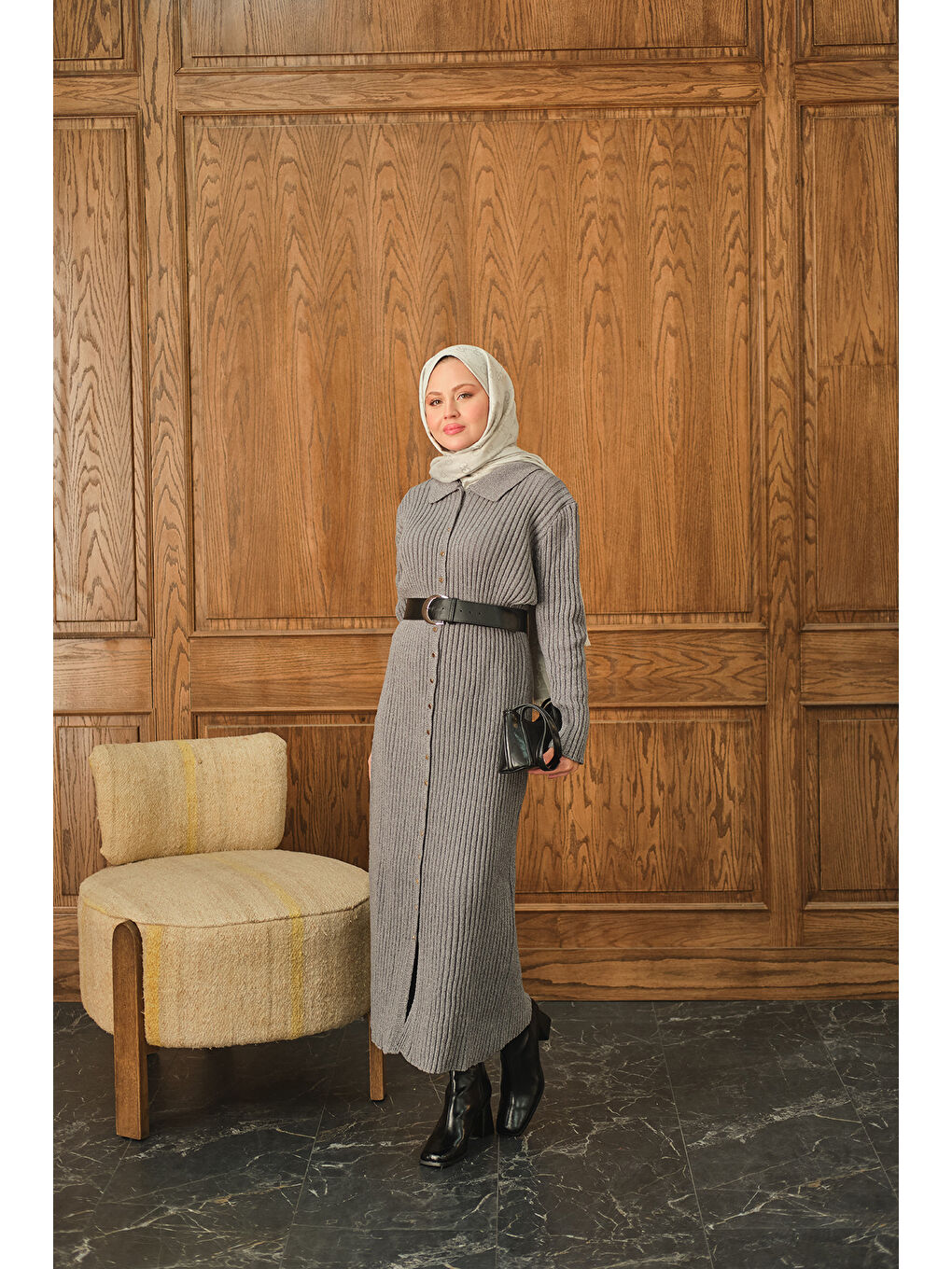 Kadın Düğme Detay Triko Elbise Gri-1