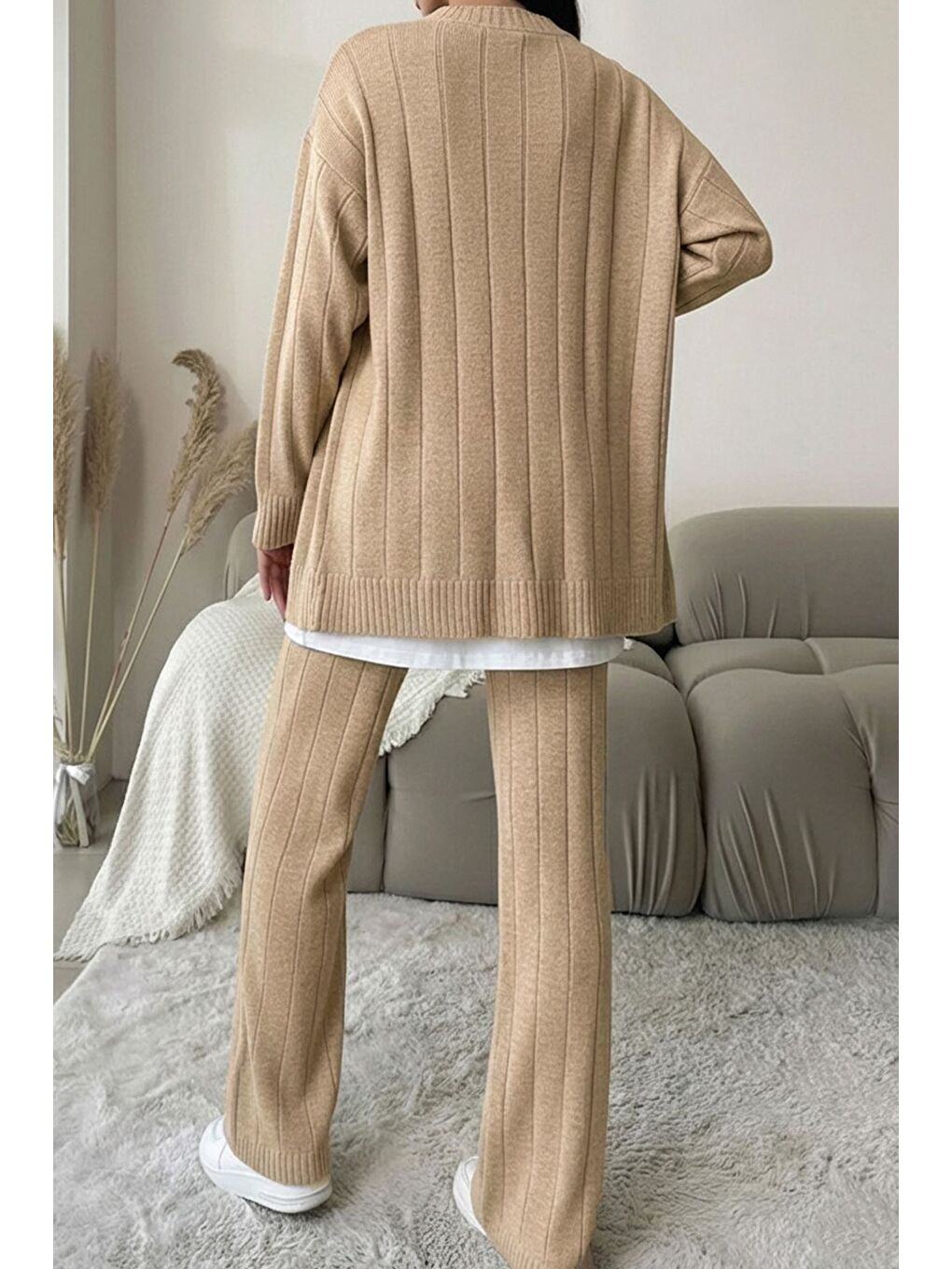 Bej Kadın Ön Düğmeli Kendinden Çizgi Desenli Triko Hırka Pantolon İkili Takım-3