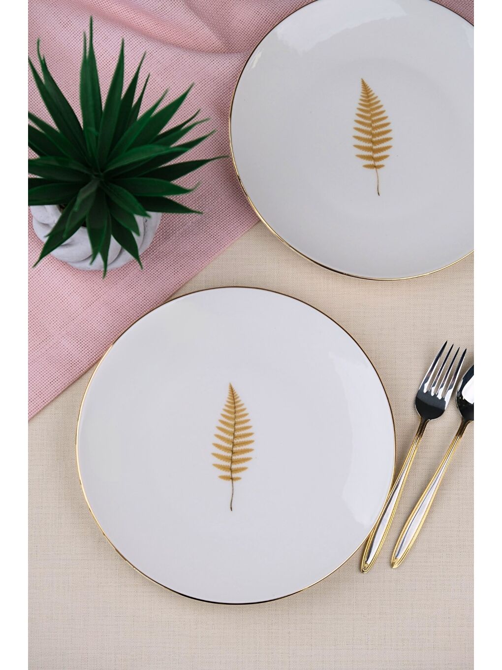 Karışık Porselen Natura Fern Altın Yaldız Pasta Tabağı 20,50cm 2 li-2
