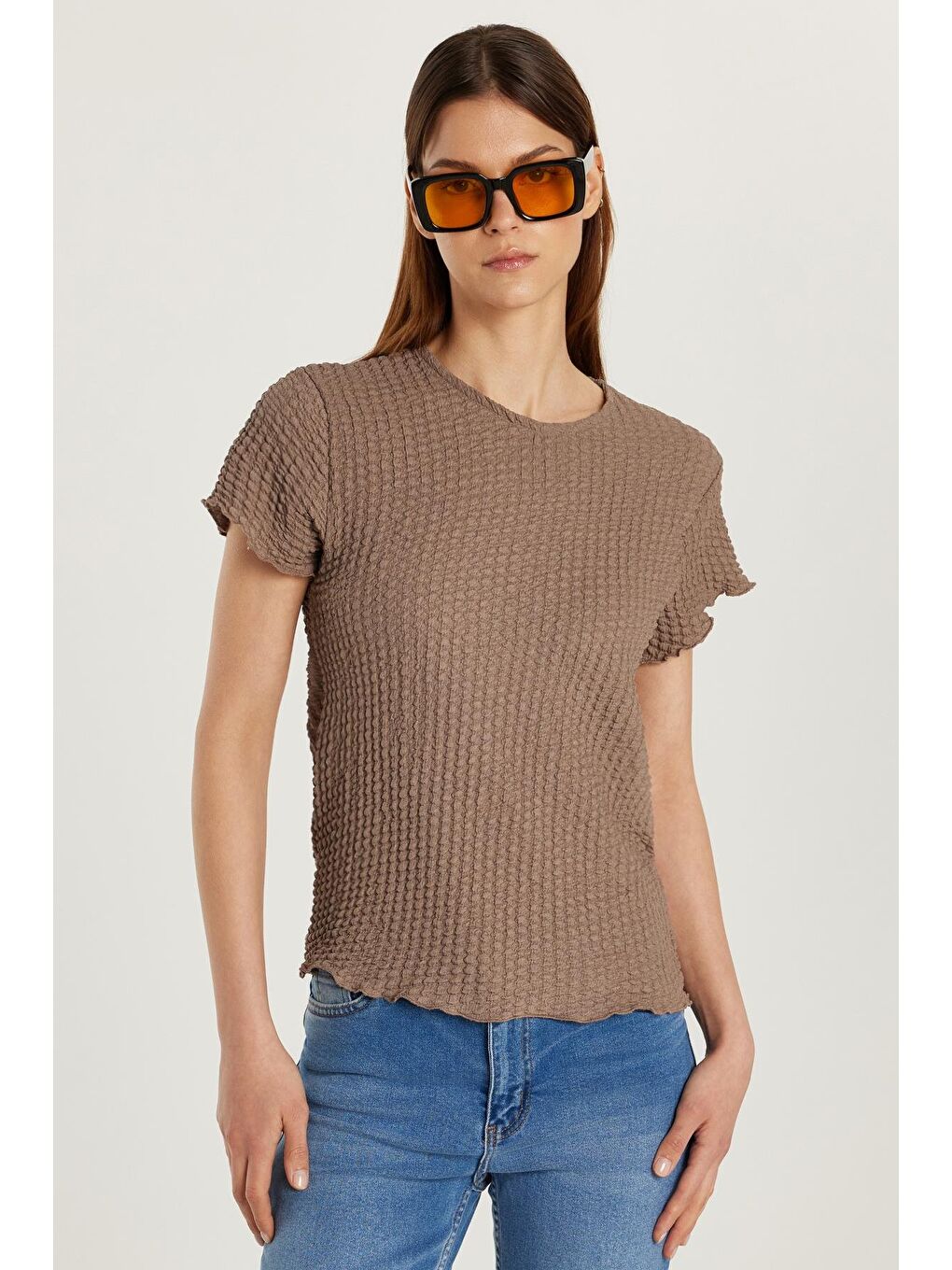 Bej Kadın Slim Fit Dar Kesim Kısa Kollu Bisiklet Yaka Vizon Tişört