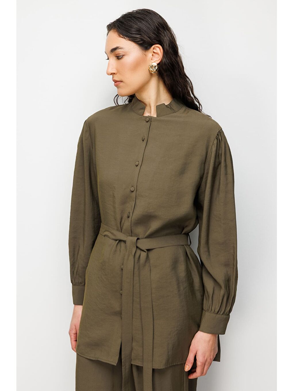 Hakı Hakim Yaka Modal Dokulu Haki Tunik-3