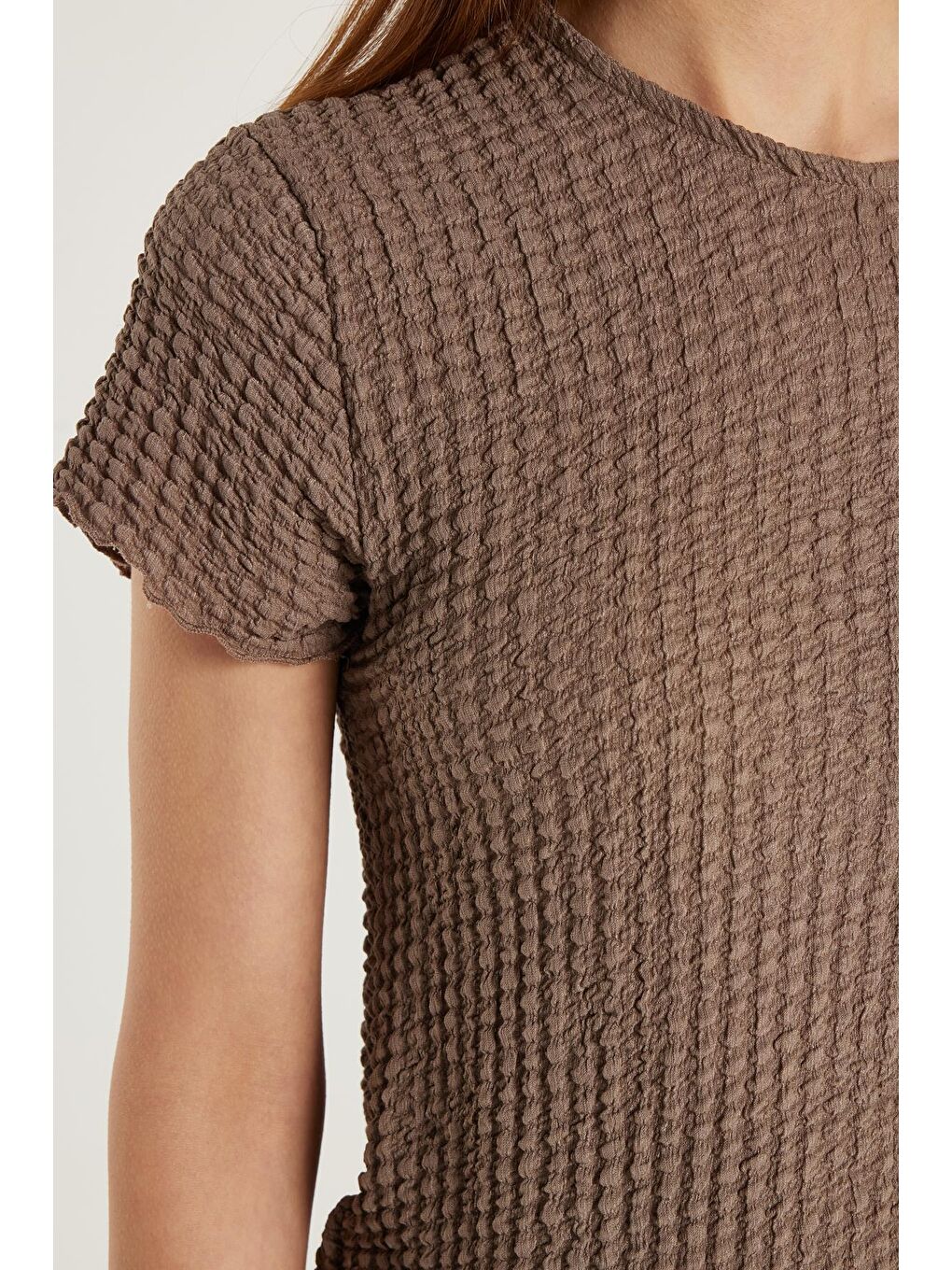 Bej Kadın Slim Fit Dar Kesim Kısa Kollu Bisiklet Yaka Vizon Tişört-2