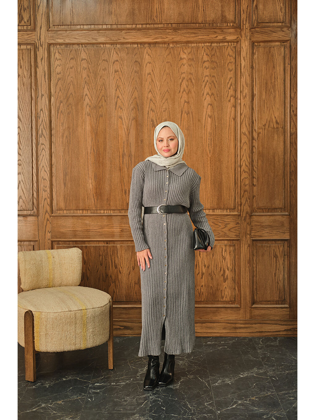 Kadın Düğme Detay Triko Elbise Gri-2