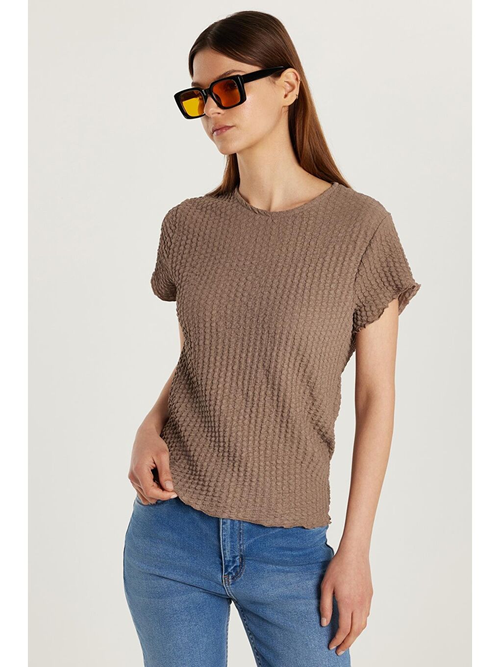 Bej Kadın Slim Fit Dar Kesim Kısa Kollu Bisiklet Yaka Vizon Tişört-3