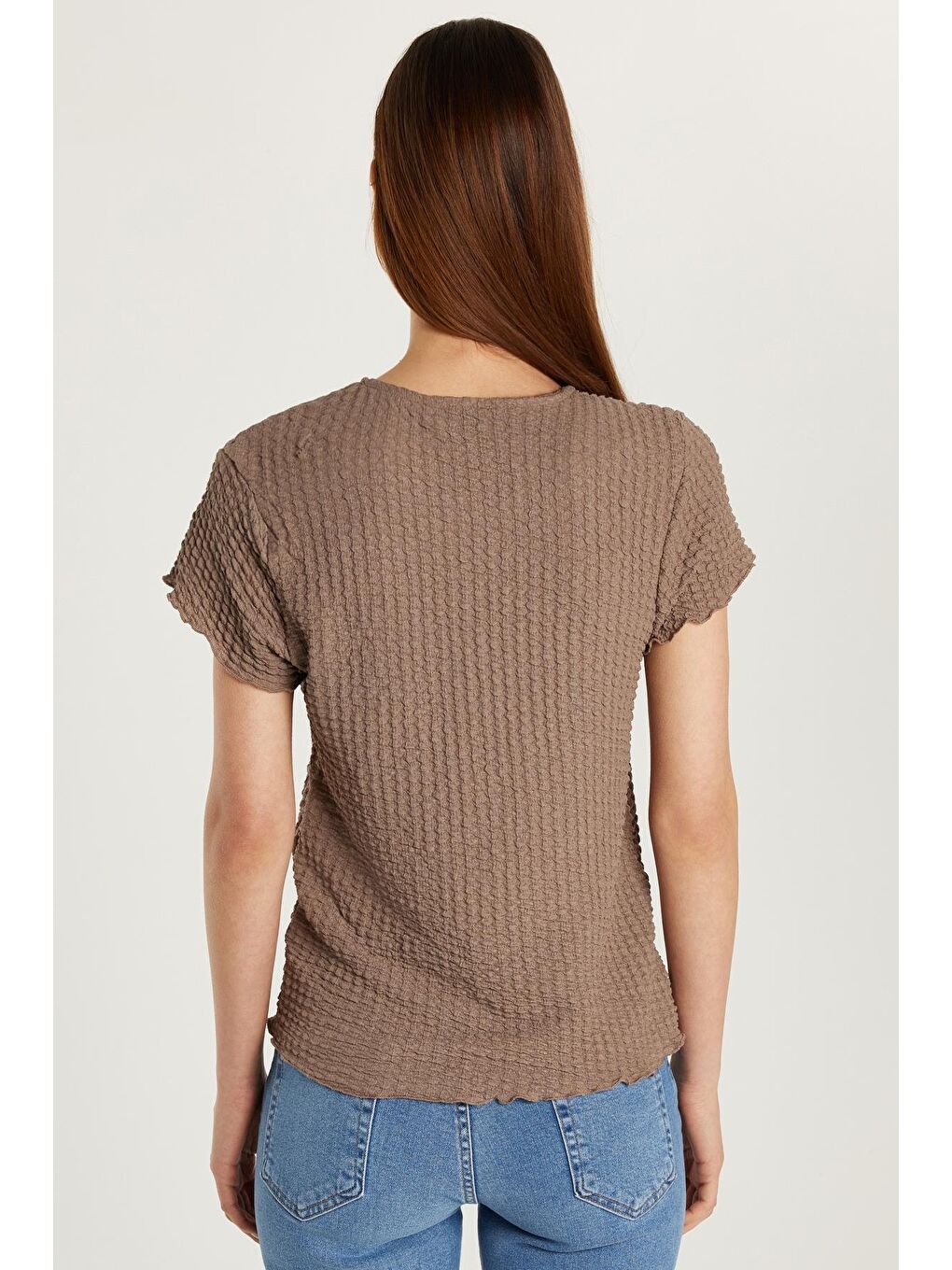 Bej Kadın Slim Fit Dar Kesim Kısa Kollu Bisiklet Yaka Vizon Tişört-4