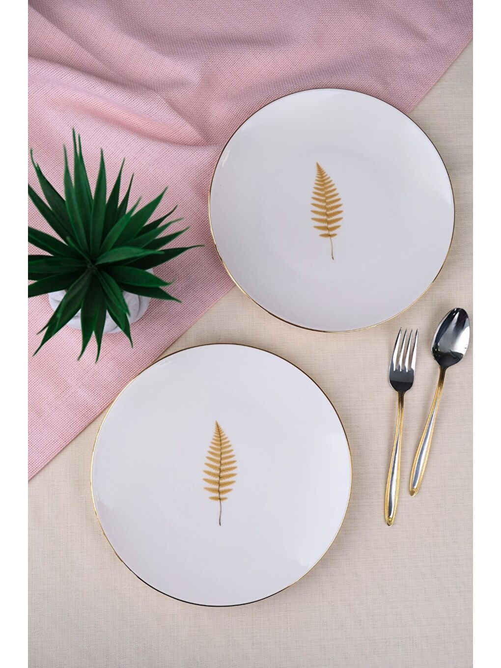 Karışık Porselen Natura Fern Altın Yaldız Pasta Tabağı 20,50cm 2 li-3