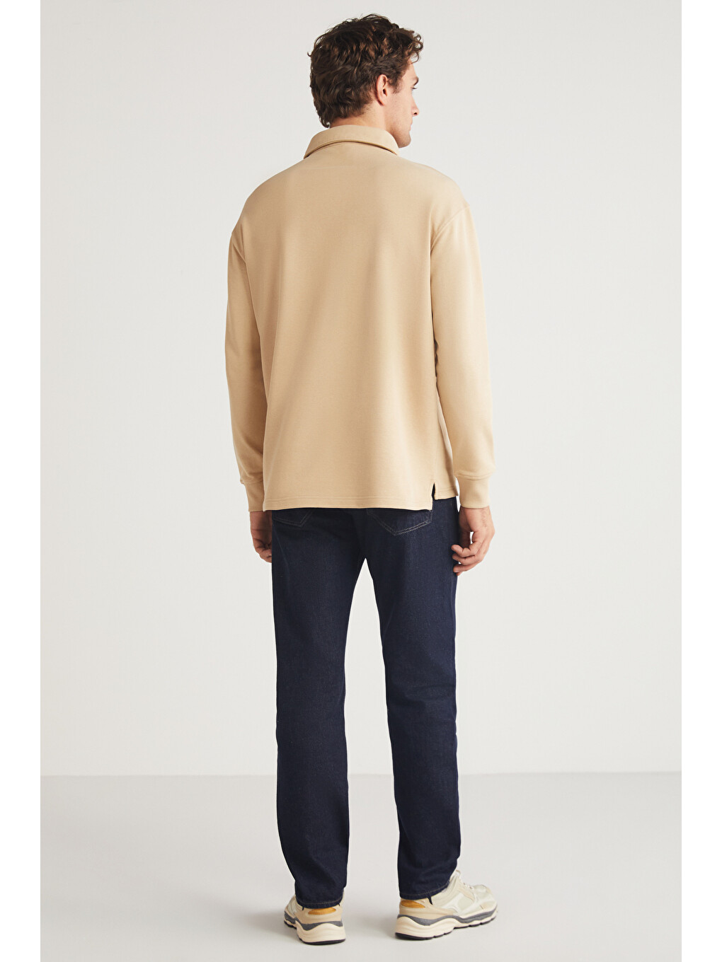 John Erkek Polo Sweat Gömlek Yakalı Organik Pamuklu Yırtmaçlı İçi Polarsız Bej Sweatshirt-5