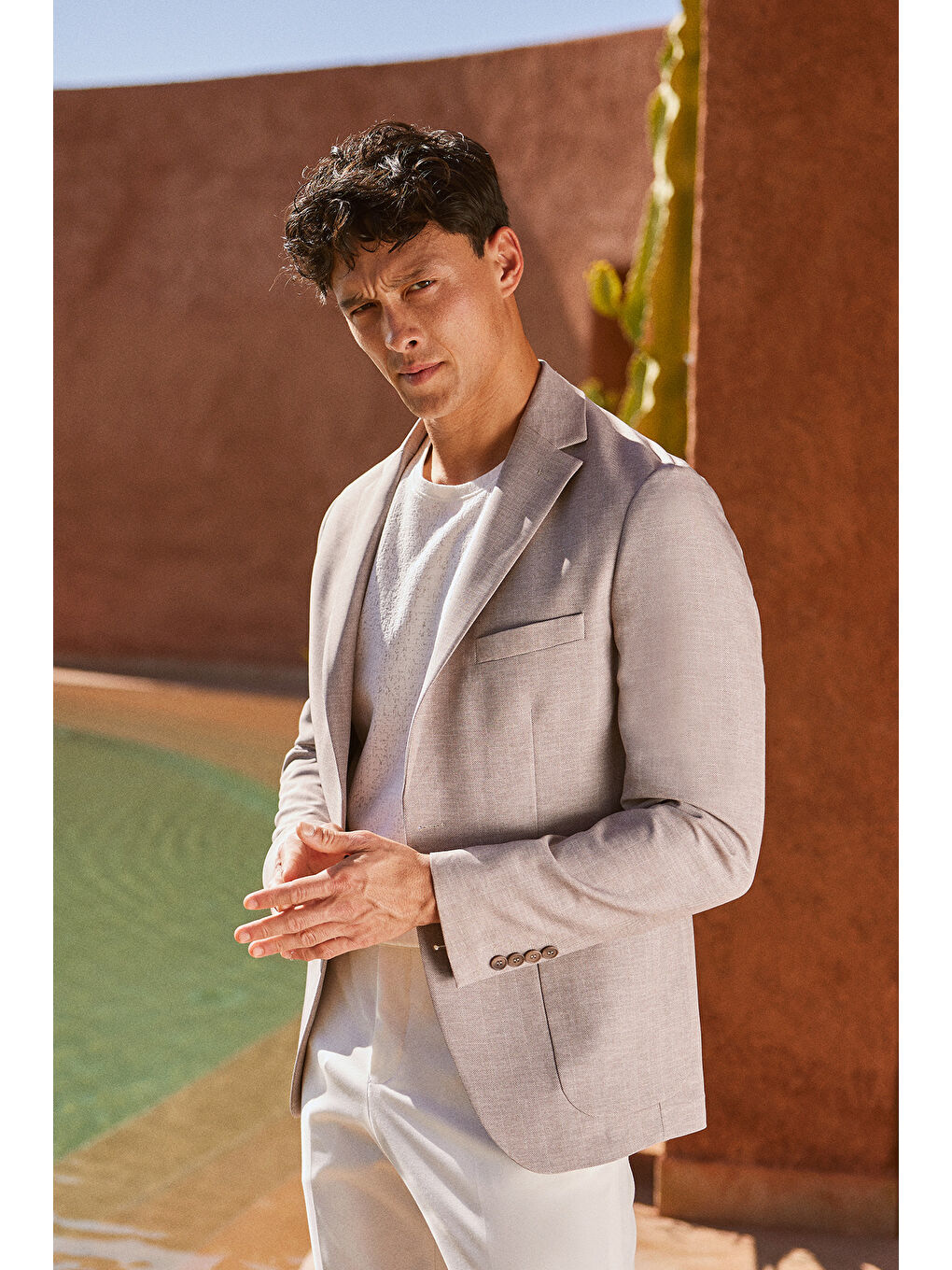 Erkek Gri Slim Fit Dar Kesim Mono Yaka Desenli Yünlü Ceket