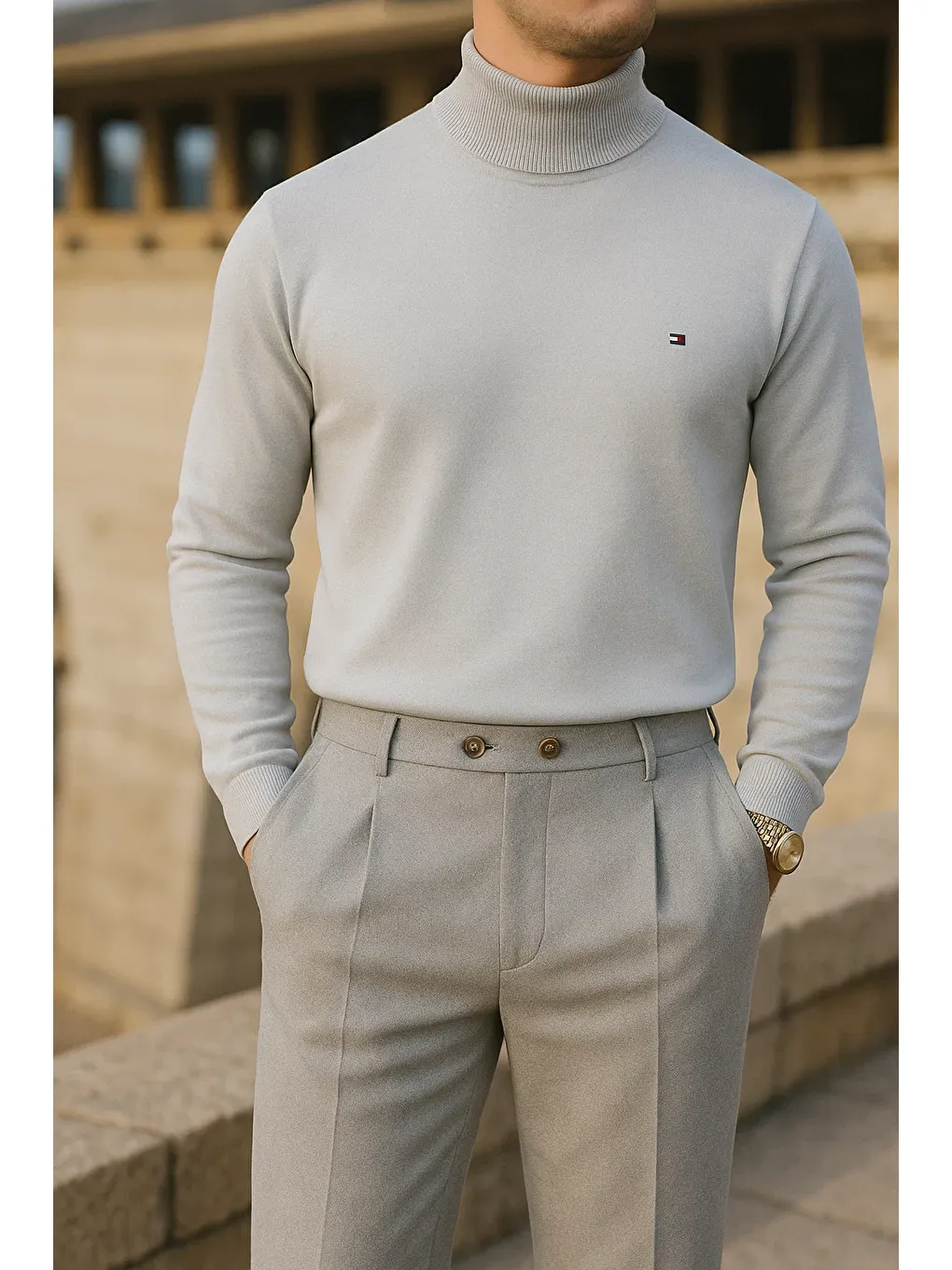 Erkek Trend Kışlık Boğazlı Gri Triko Kazak-1