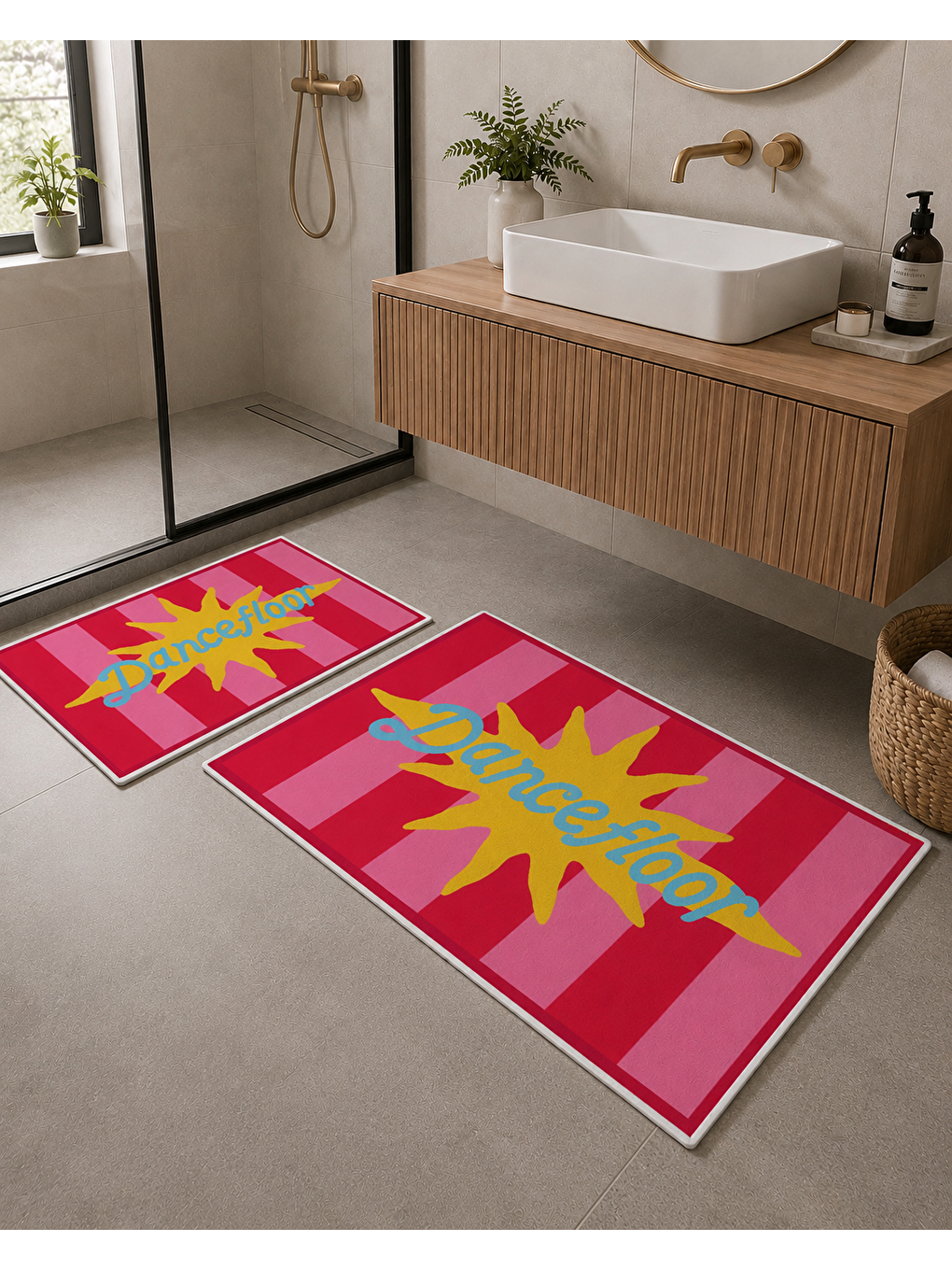 Fuşya Sarı Yıldız Desenli Banyo Paspası Dot Taban Üstü Kadife-3