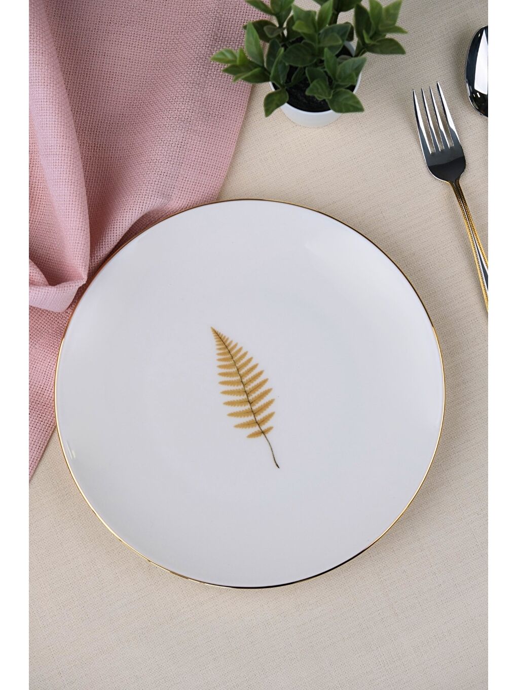 Karışık Porselen Natura Fern Altın Yaldız Pasta Tabağı 20,50cm Tekli-2