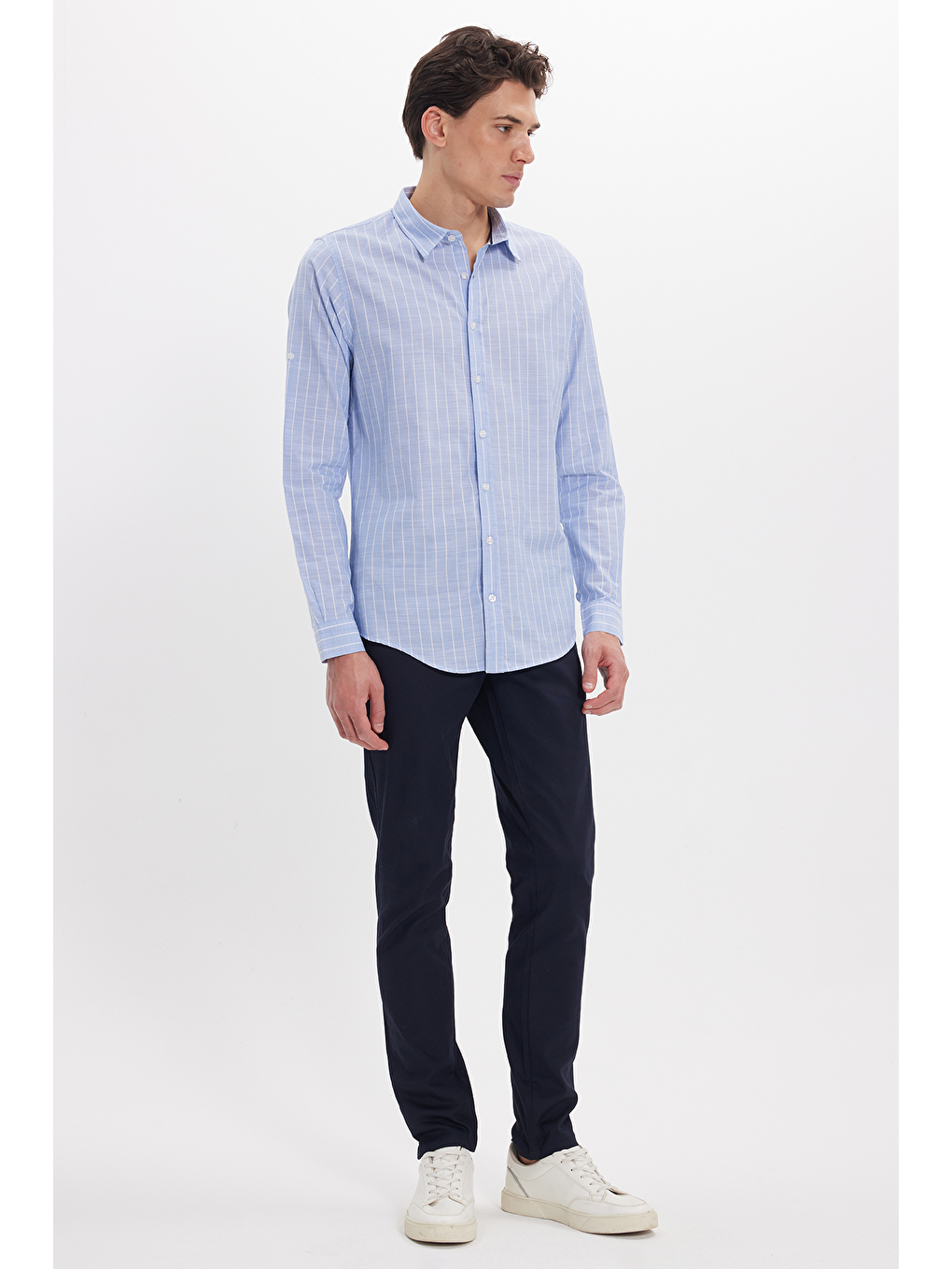 Mavi Erkek Slim Fit Dar Kesim Uzun Kollu %100 Pamuk Keten Doku Çizgili Gömlek-1