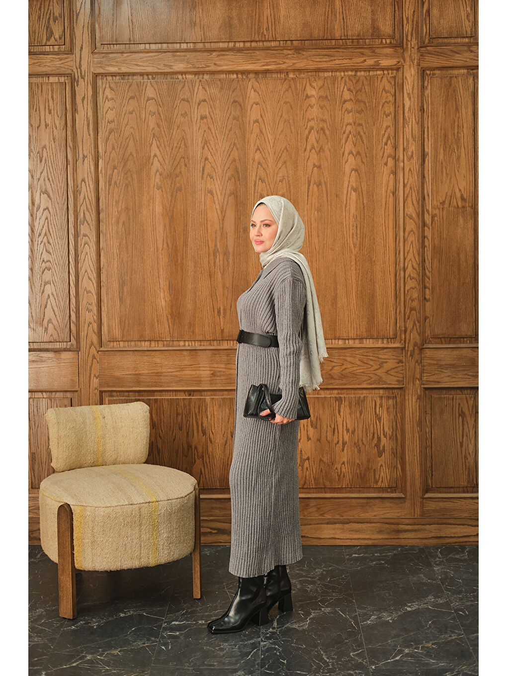 Kadın Düğme Detay Triko Elbise Gri-3