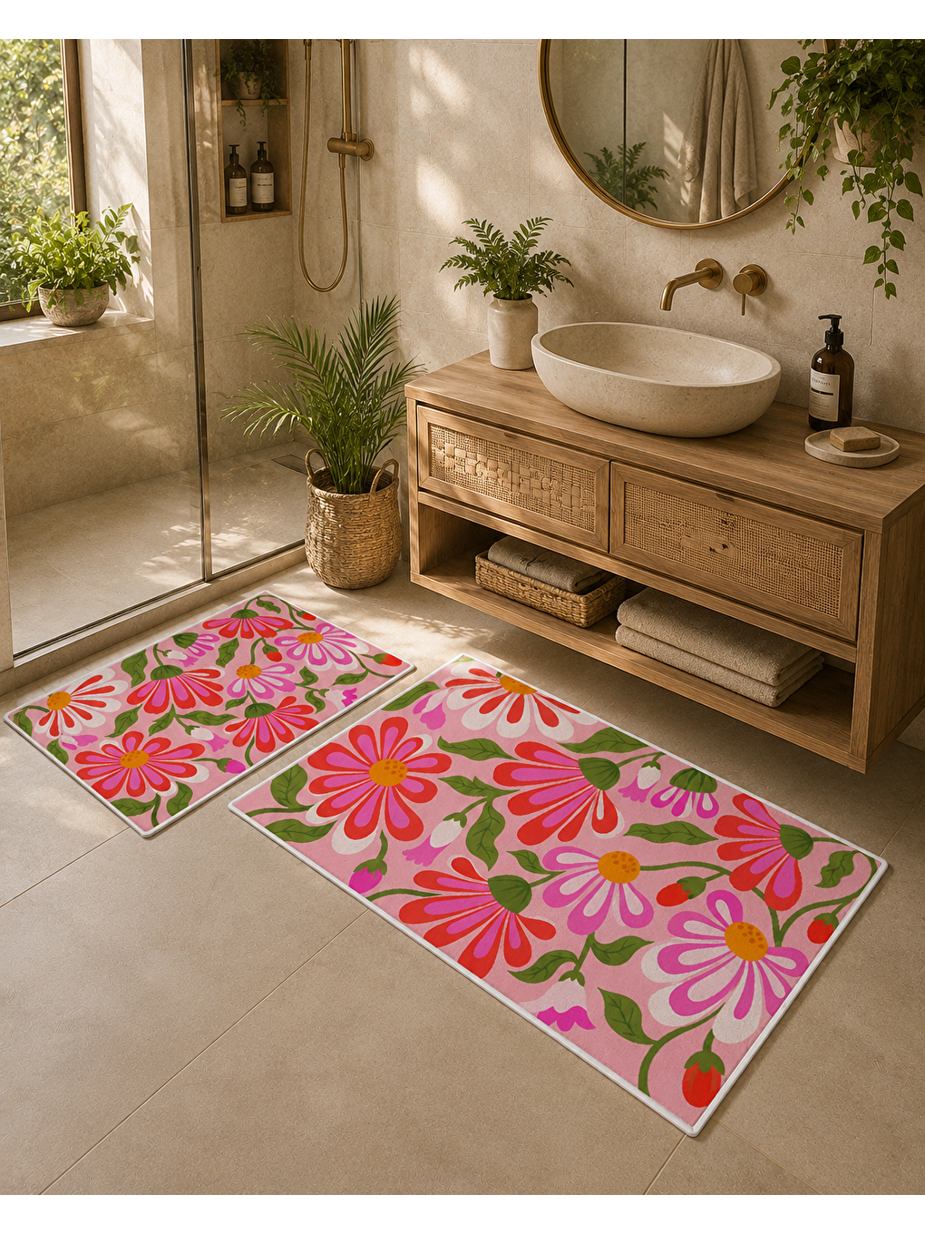 Pembe Yeşil Çiçek Desenli Banyo Paspası Dot Taban Üstü Kadife-1