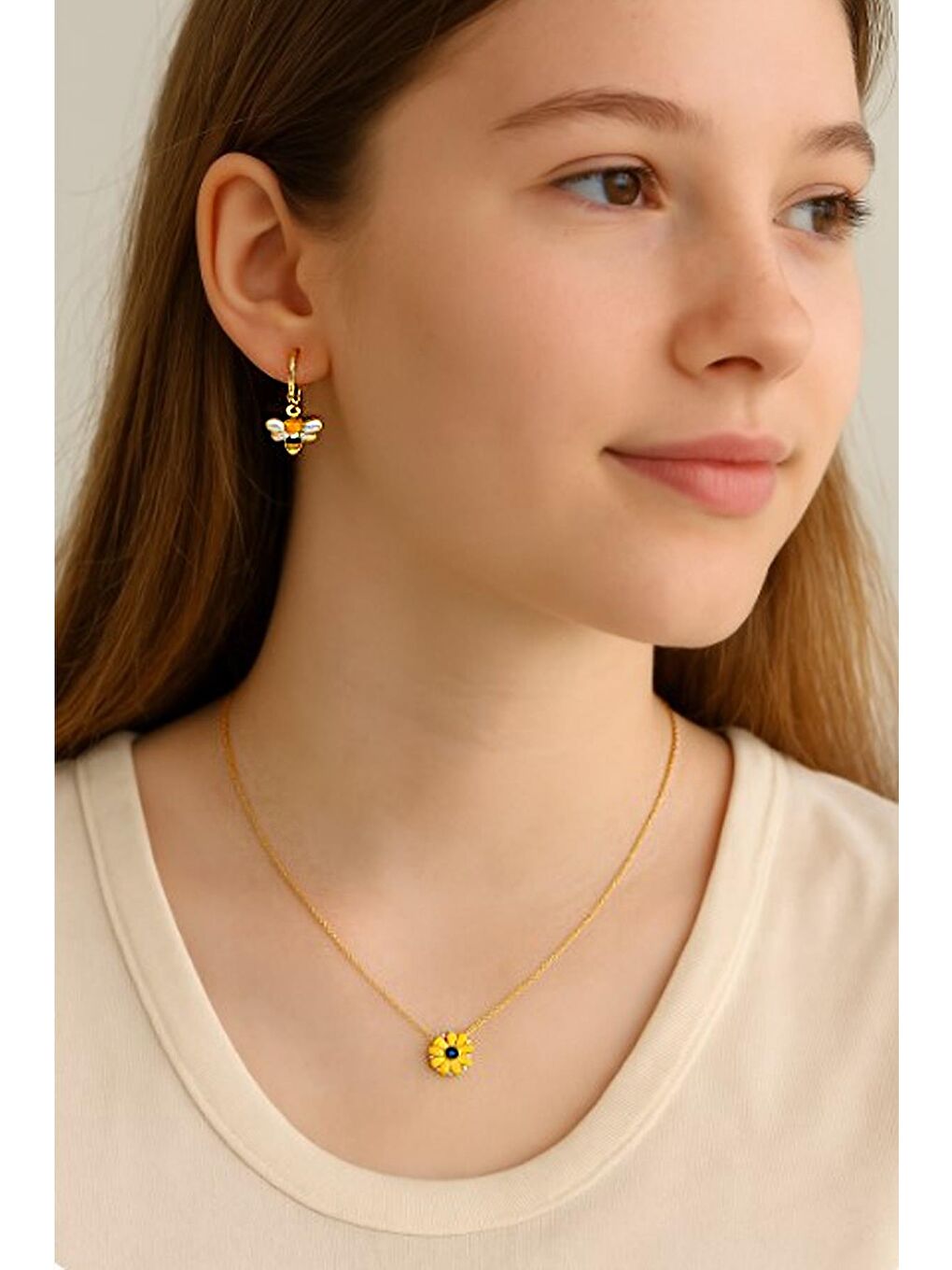 Sarı Sunflower and Bee Kolye Küpe Seti-1