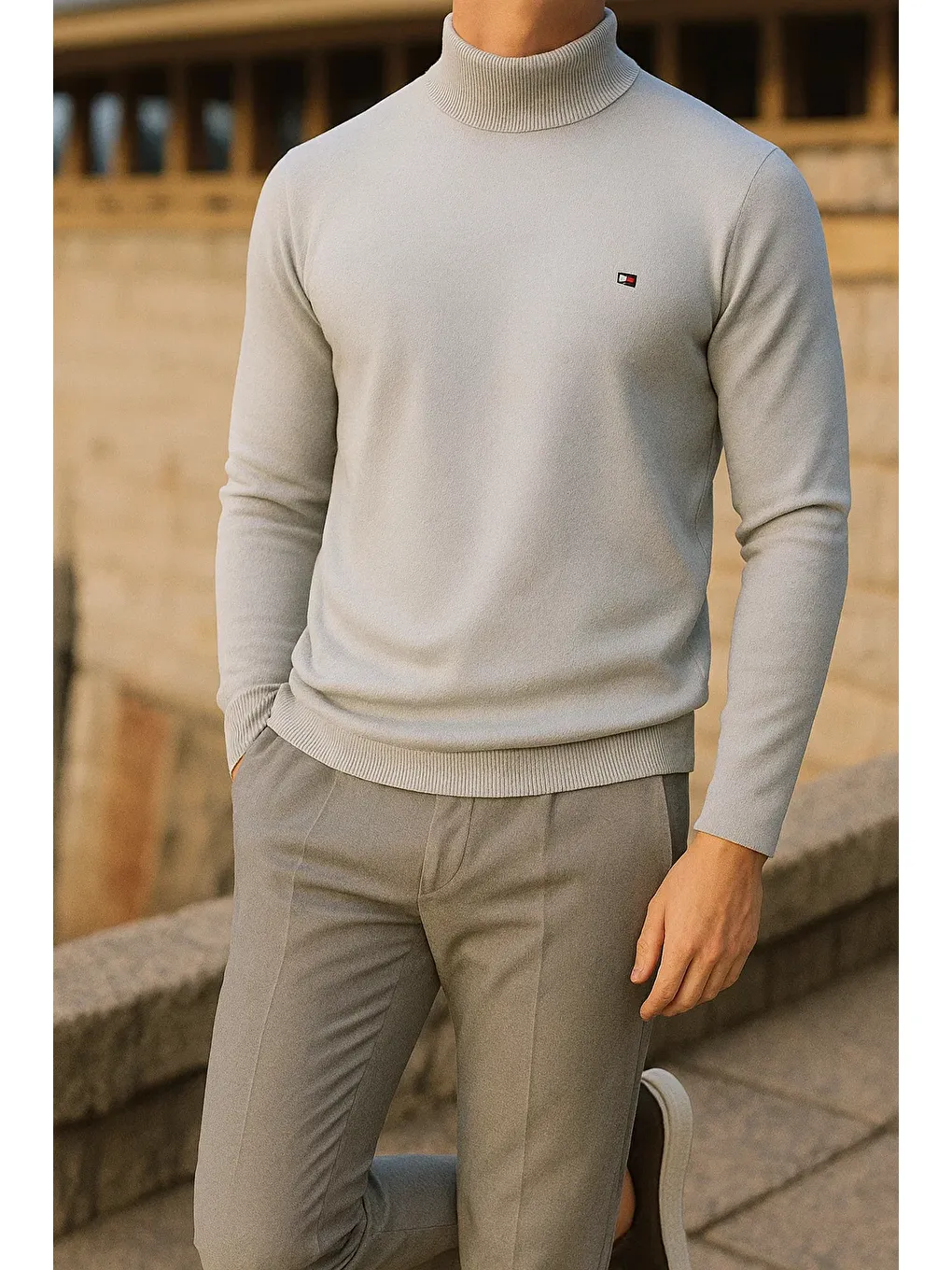 Erkek Trend Kışlık Boğazlı Gri Triko Kazak-2