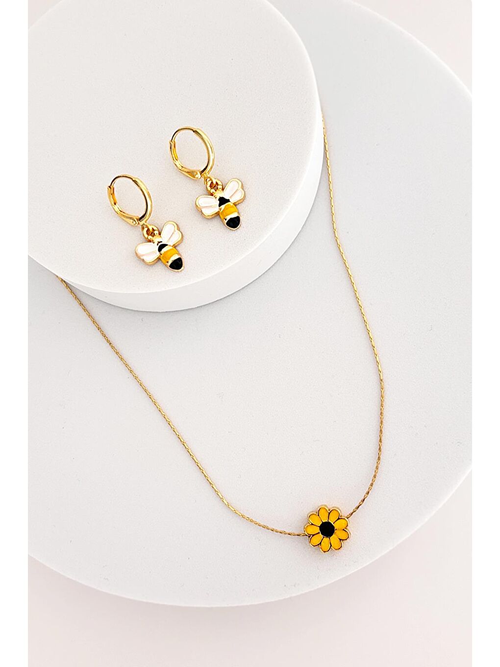 Sarı Sunflower and Bee Kolye Küpe Seti-2