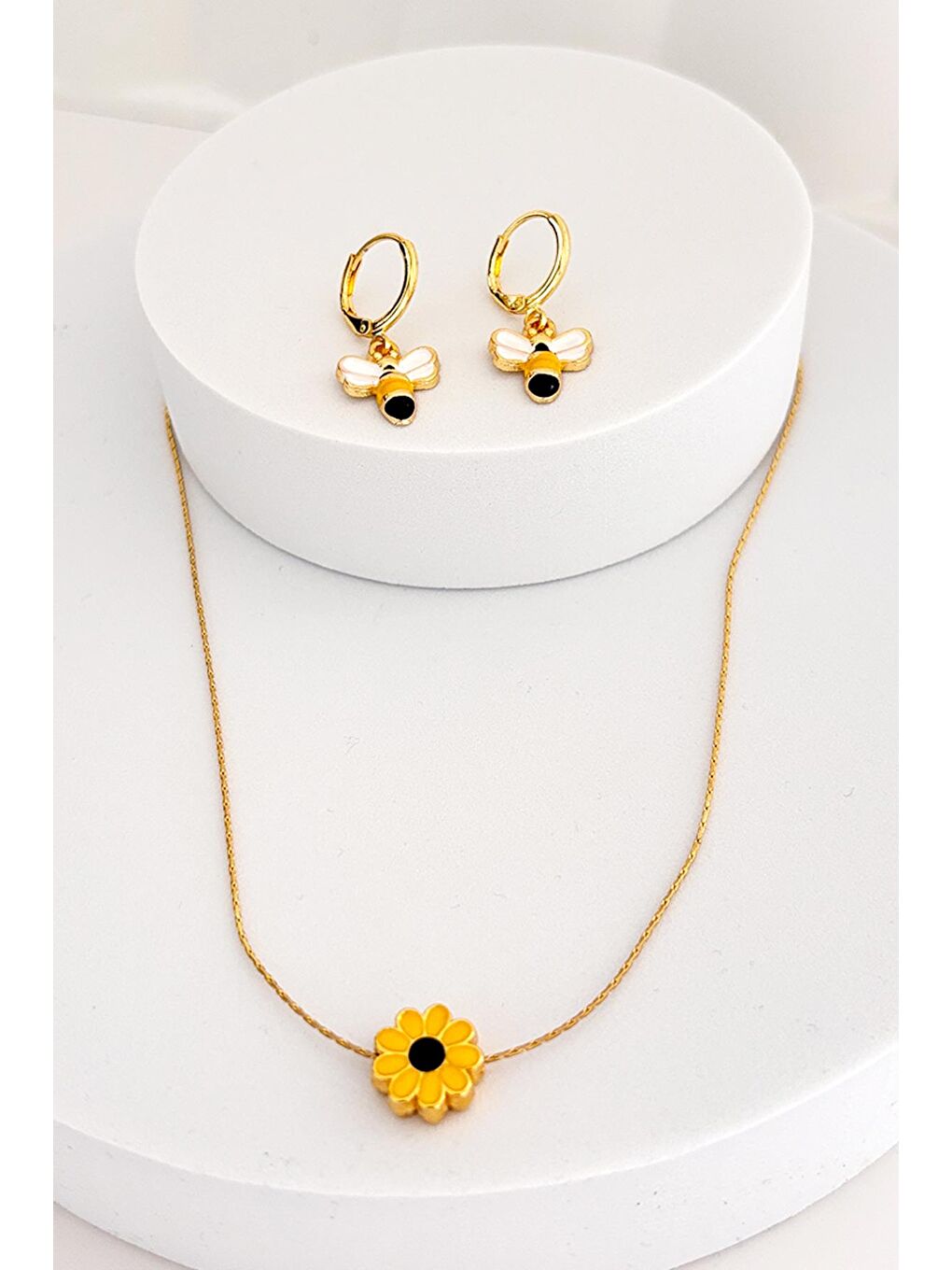 Sarı Sunflower and Bee Kolye Küpe Seti-3