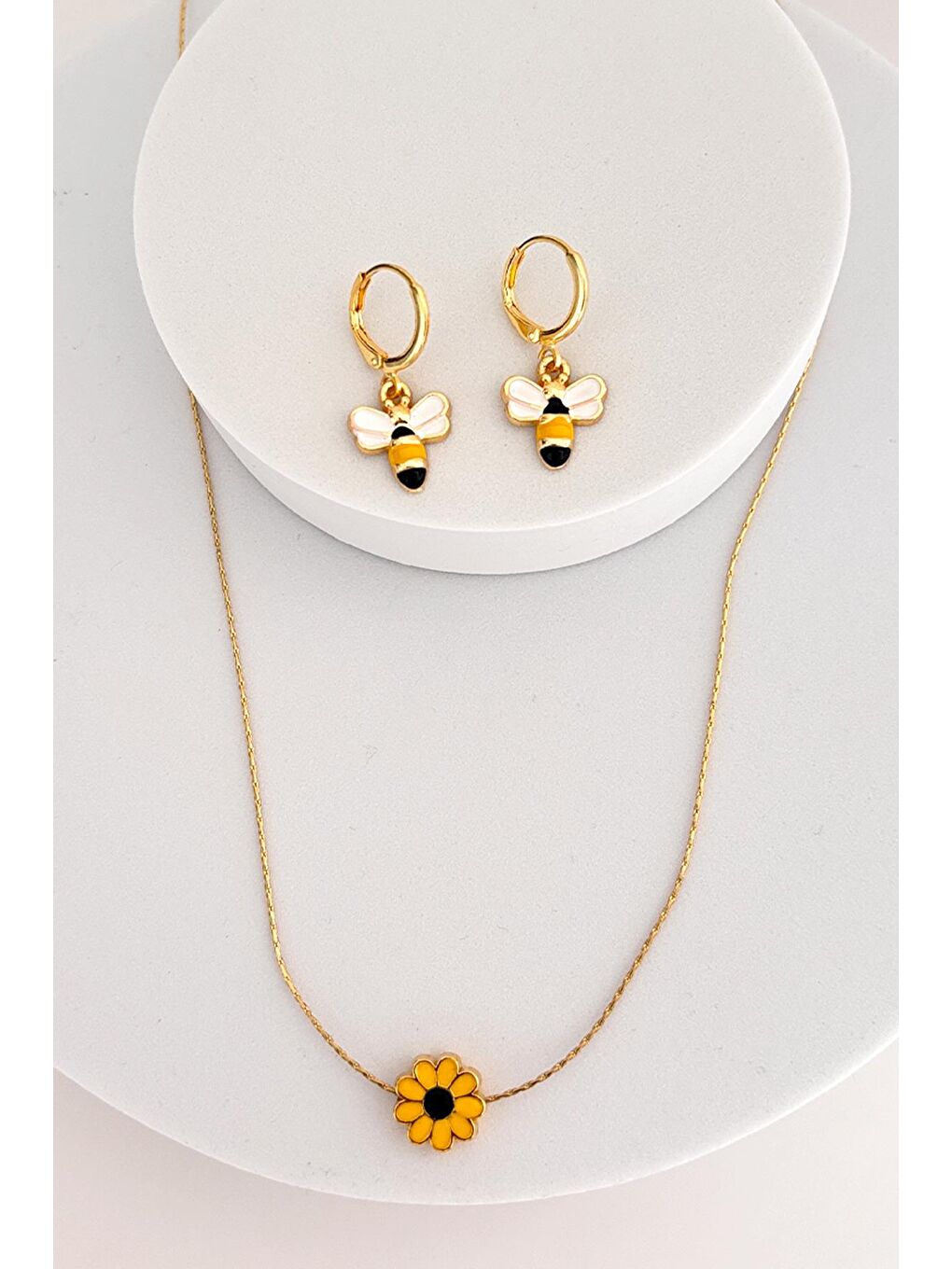 Sarı Sunflower and Bee Kolye Küpe Seti-4