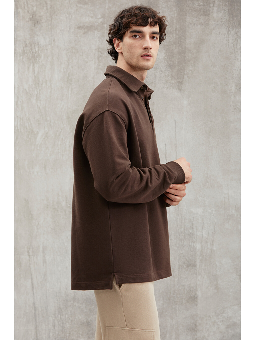 John Erkek Polo Sweat Gömlek Yakalı Organik Pamuklu Yırtmaçlı İçi Polarsız Koyu Kahverengi Sweatshir-3