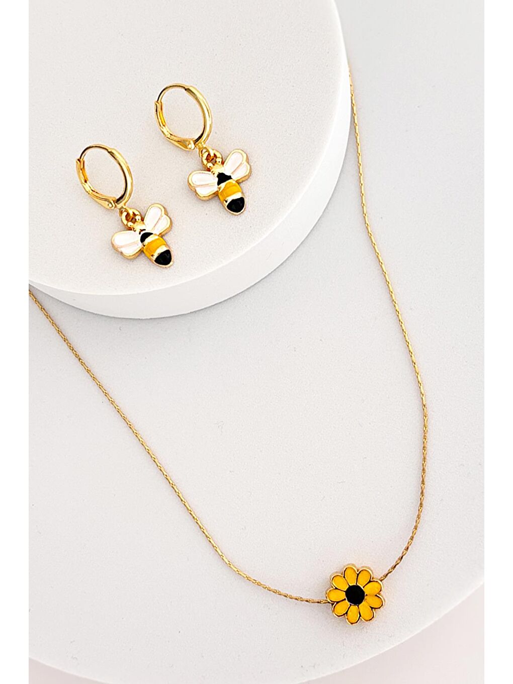 Sarı Sunflower and Bee Kolye Küpe Seti-5