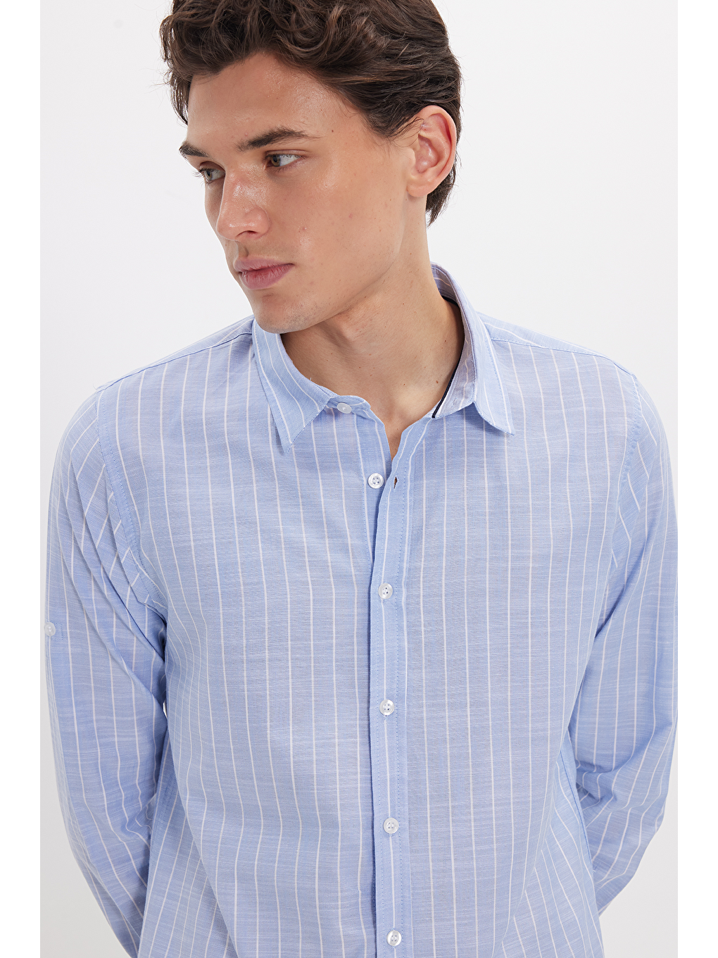 Mavi Erkek Slim Fit Dar Kesim Uzun Kollu %100 Pamuk Keten Doku Çizgili Gömlek-2