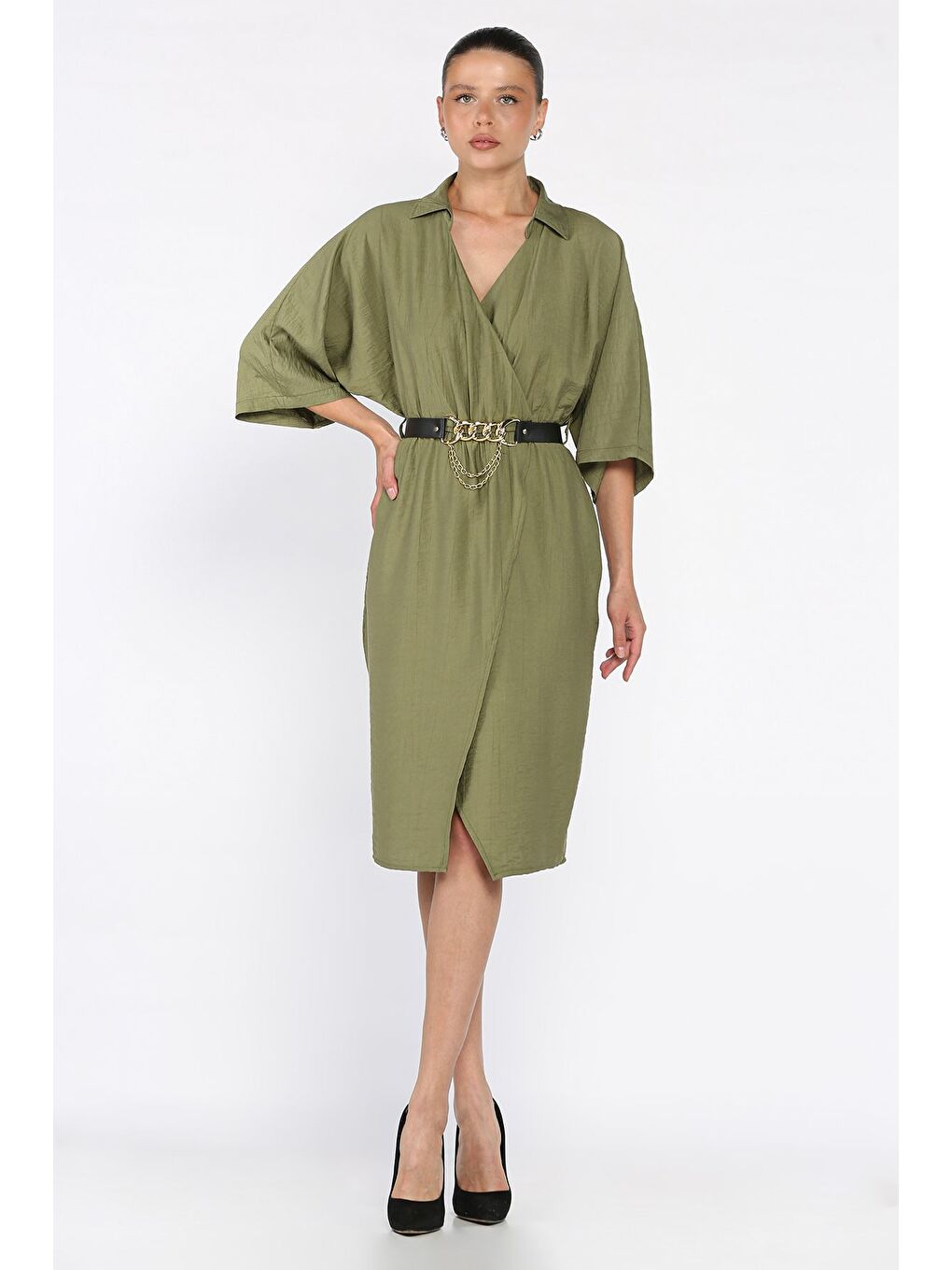 Haki Kruvaze Yaka Kemerli Kadın Elbise