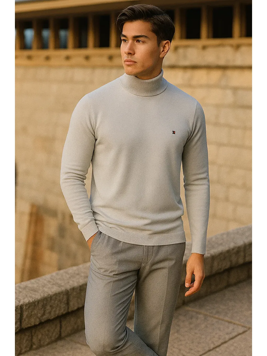Erkek Trend Kışlık Boğazlı Gri Triko Kazak-3