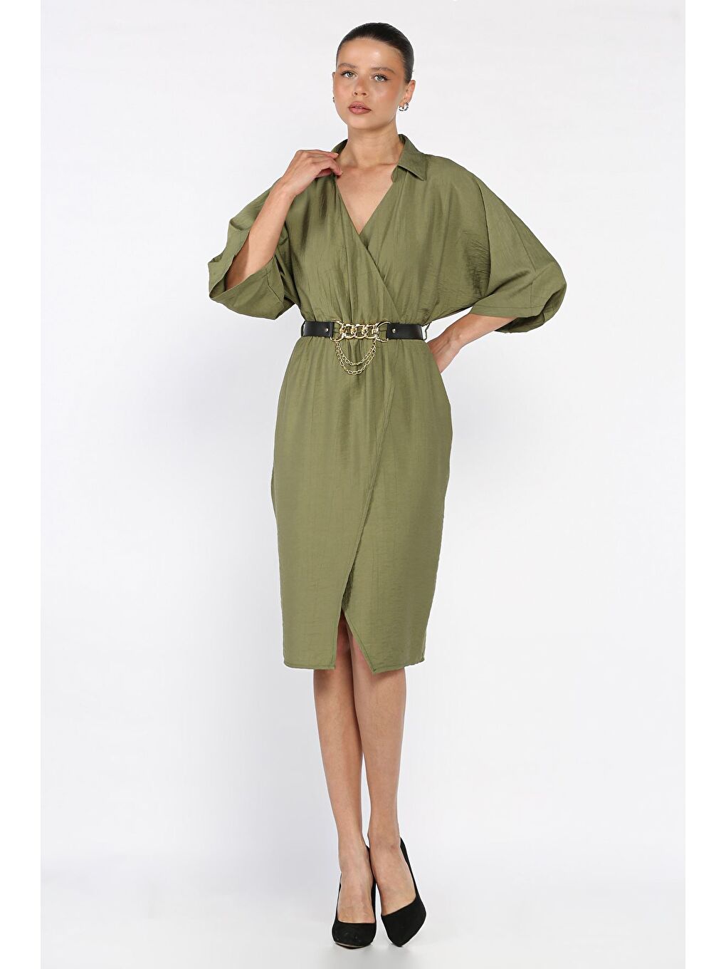 Haki Kruvaze Yaka Kemerli Kadın Elbise-1