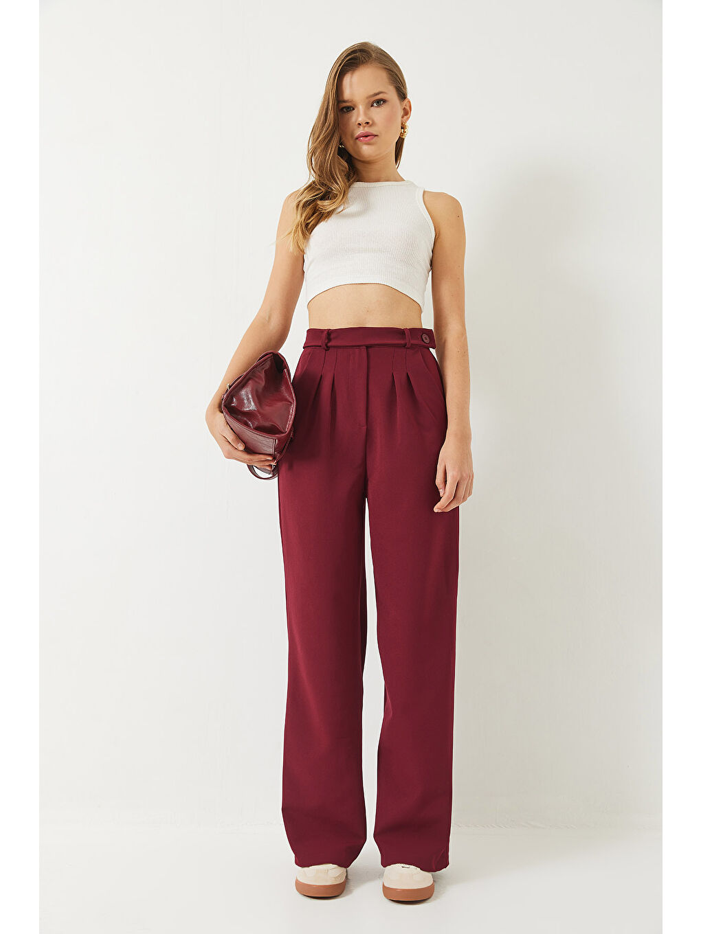Bordo Kadın Kemer Detaylı Cepli Palazzo Pantolon-1