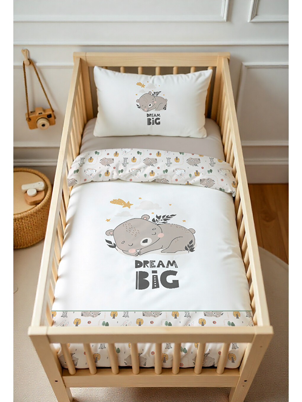 Bej Big Dream Ayıcık Desenli Bebek Nevresim Takımı Çift Taraflı 100x150 cm Çarşafsız